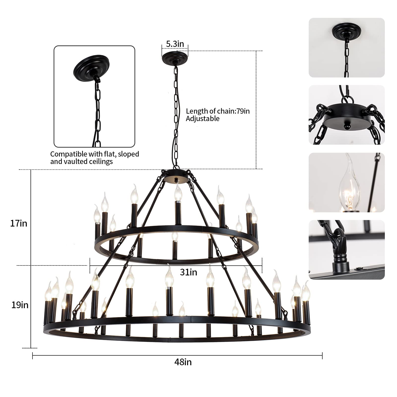 WOGON WEEL 2 Tier 36-Light Wagon Wheel Chandelier, 48-inch Black Rustic Pendant Light for High Ceilings, Model chelun005