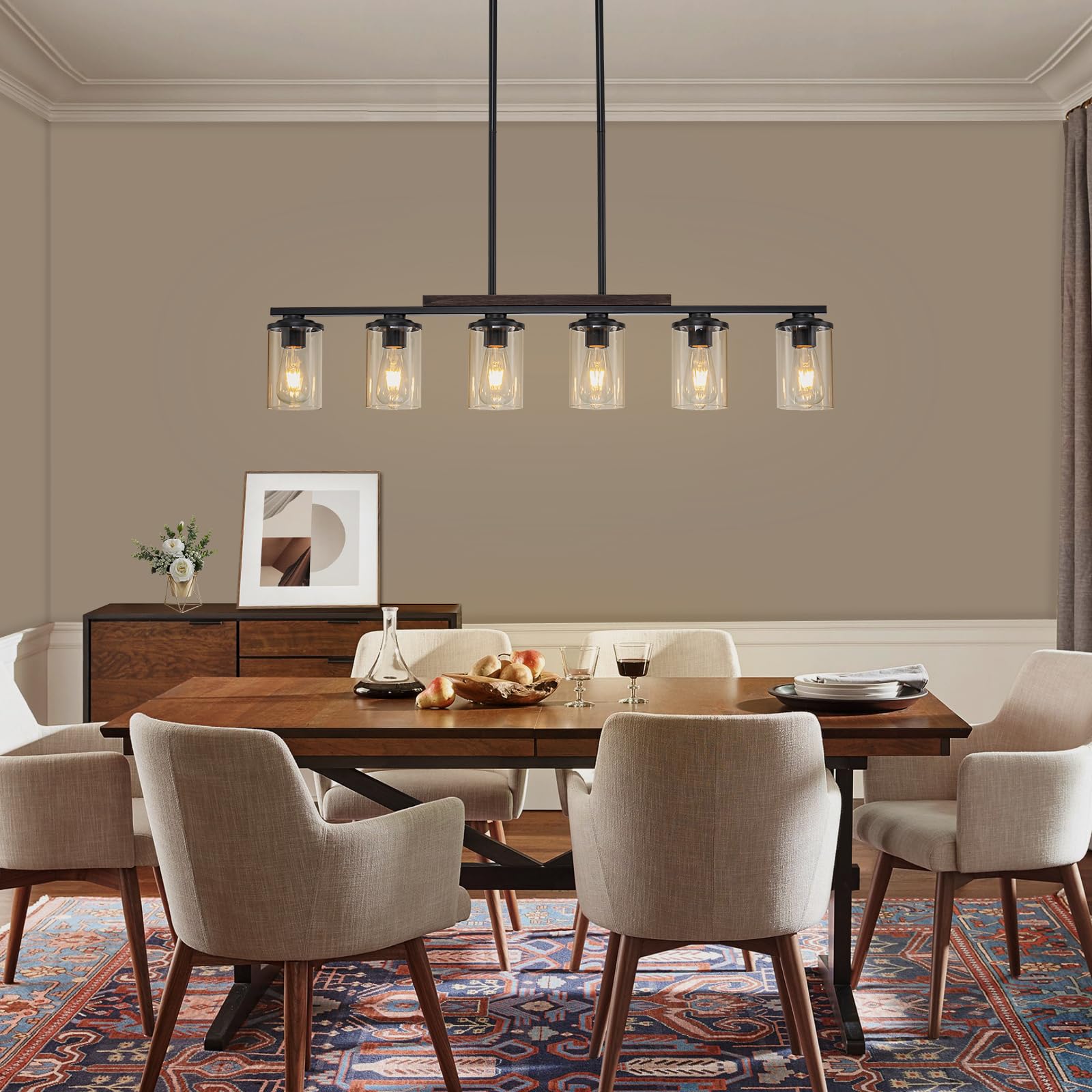 Alynzee Farmhouse Dining Room Light Fixture, 6-Light Kitchen Island Lighting Black And Rustic Wood Chandelier Over Table Adjusta