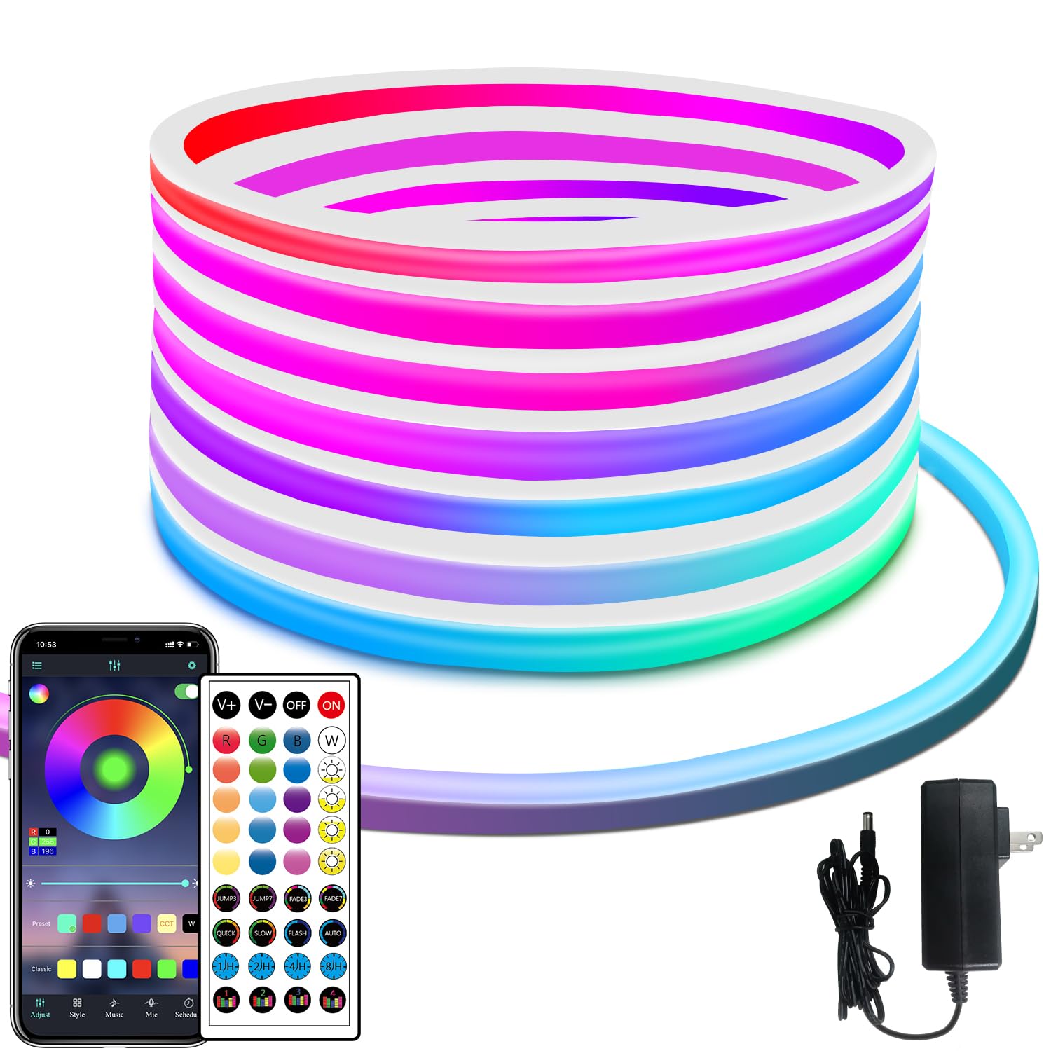 Yeewhale RGB LED Neon Rope Lights, 100ft, IP65 Waterproof, Remote Control, Flexible Neon Strip for Indoor/Outdoor Decor, Model Yeewhale-100ftNH1