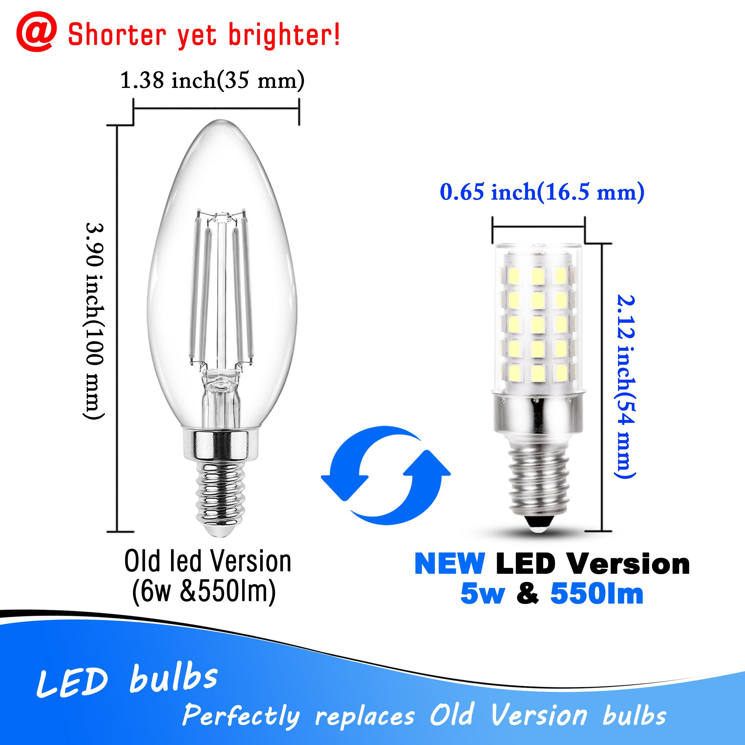 Heifymi E12 Candelabra Led Light Bulbs 60 Watt Equivalent 6W 6000K Daylight White 550Lm E12 C7 T6 Small Base For 120 Volt Chande
