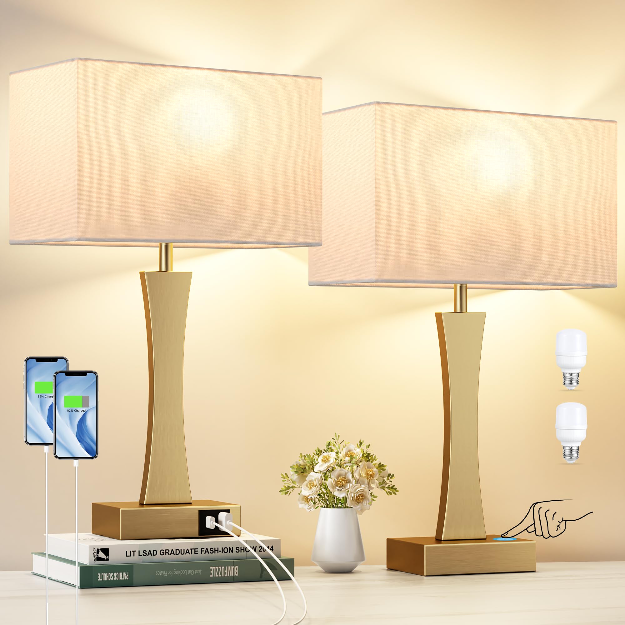 Seealle Bedside Lamps Set of 2 - 3 Way Dimmable Touch Table Lamps with USB C+A Ports, Metal, Gold & E. White