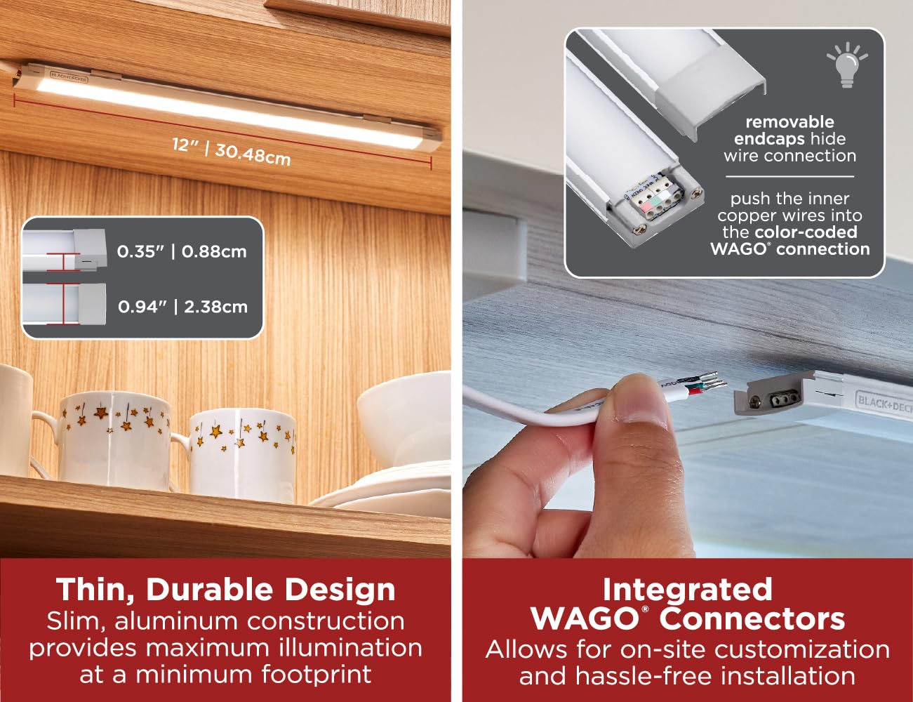 BLACK+DECKER PureOptics Under Cabinet Light Bar, 12" Adjustable White/RGB, Plug-in/Hardwire, Silver, Model LEDUC12-CCTPW-B