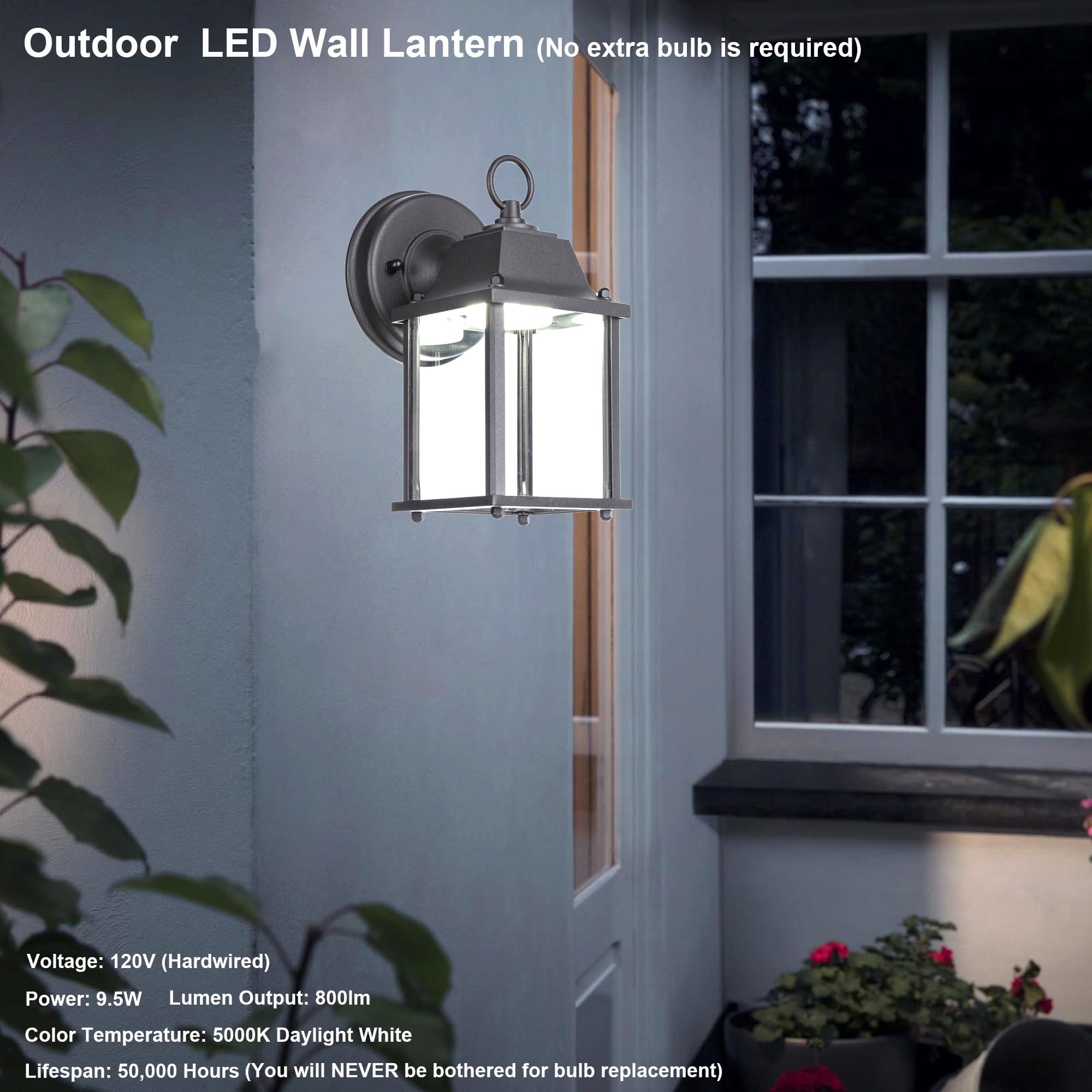LIT-PaTH Outdoor LED Wall Lantern, 5000K Daylight White, 800 Lumen, Aluminum, Black Finish, 2-Pack, Model LT-WL01350K
