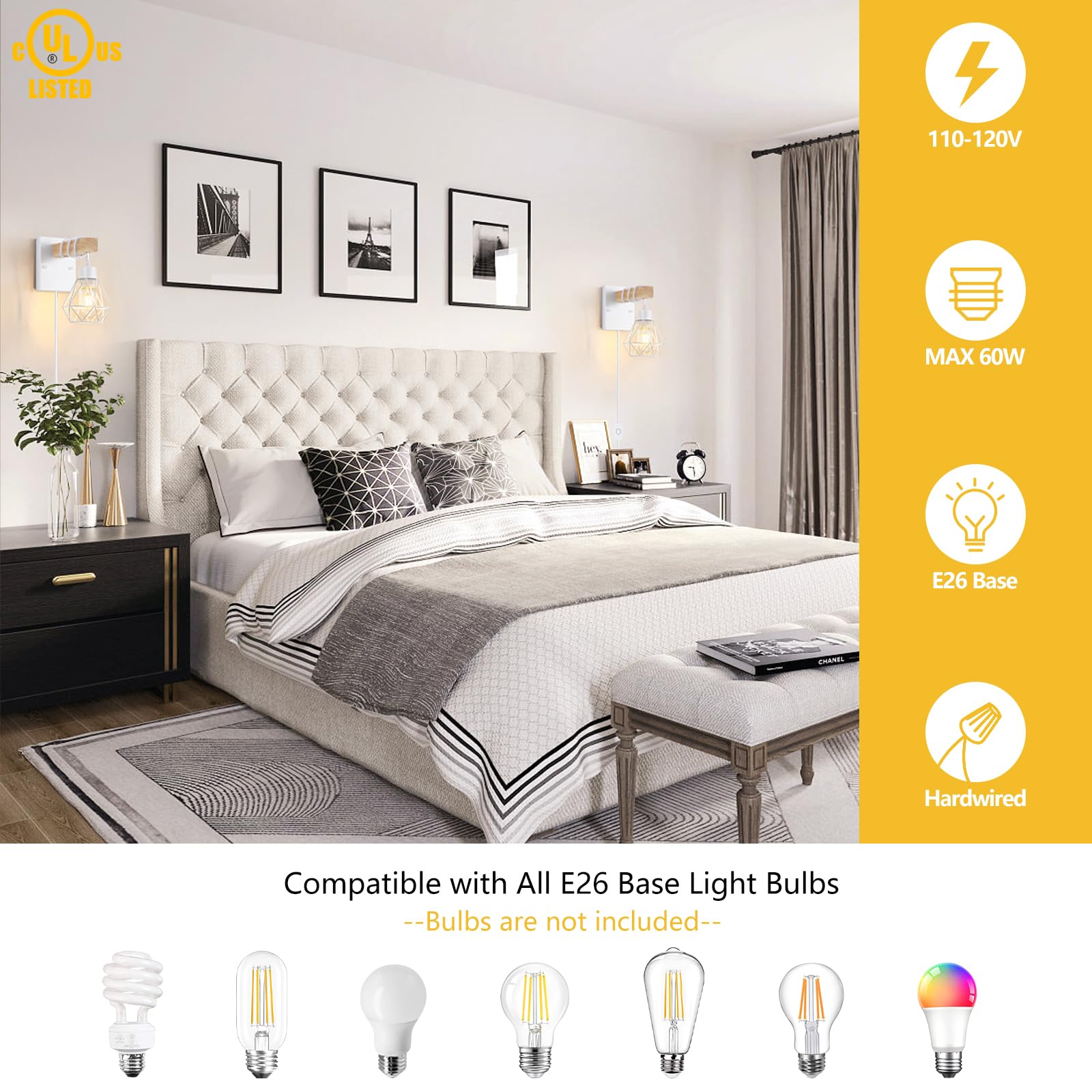 Lomoky Modern White Plug-In Wall Sconces Set of Two, Wooden & Metal, 5.25FT Cord, Industrial Lighting for Living Room & Hallway