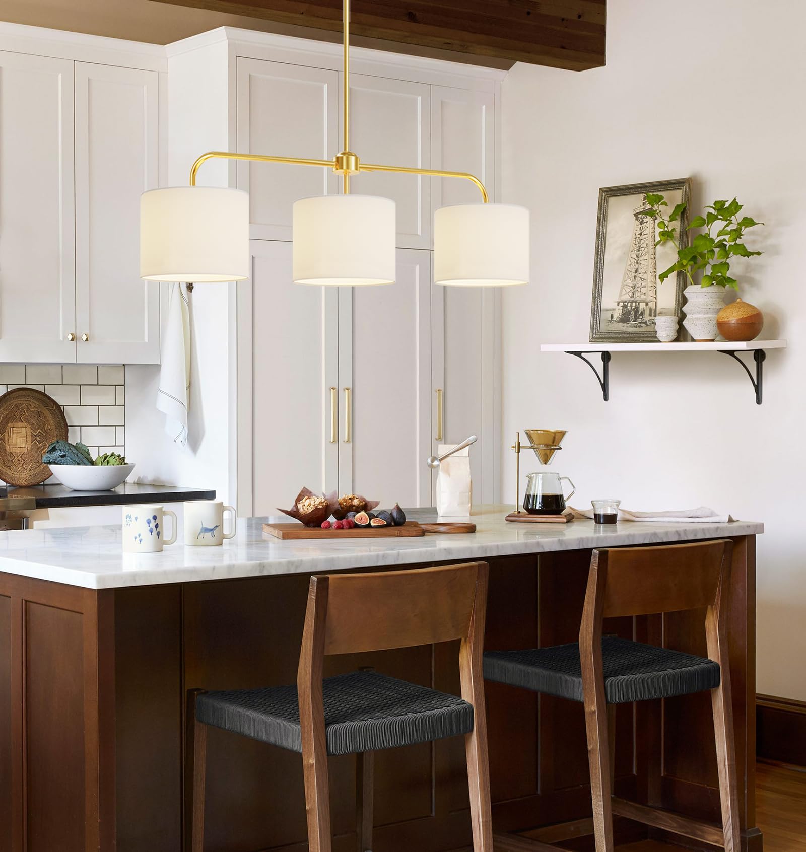 Electro Bp 3-Light White Linen Drum Shade Chandelier With Polished Gold Metal Linear Pendant Light Fixture For Kitchen Island, D