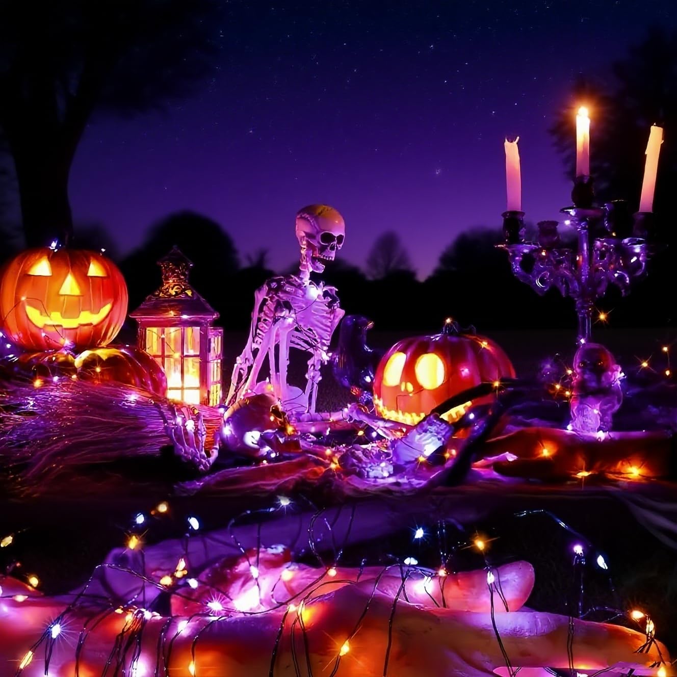 YEGUO Solar Fairy Lights, 100 LED, 33ft, Waterproof, 8 Modes, Orange and Purple, Black Wire, 4 Packs
