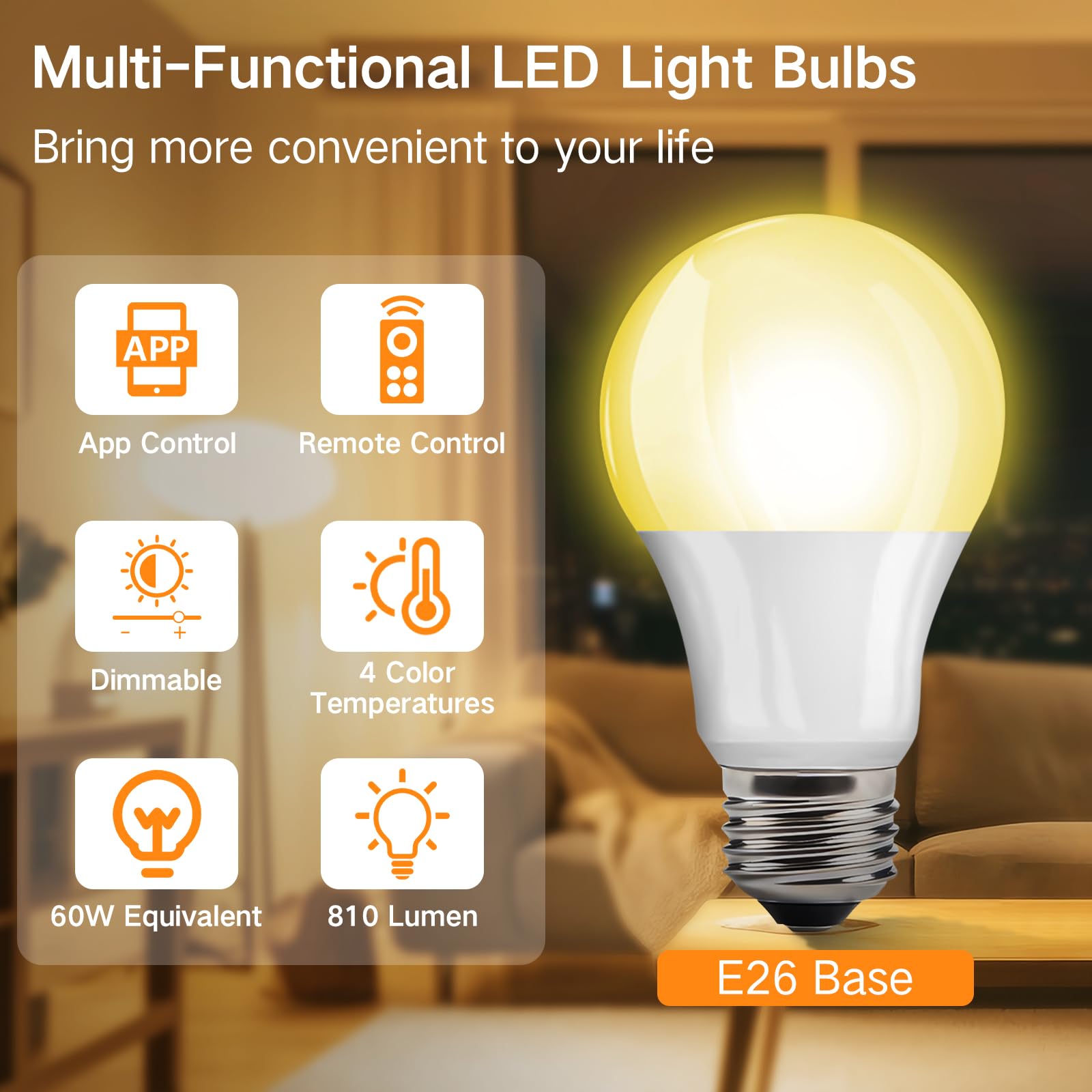 Outon 2 Pack A19 Led Light Bulb With Remote Control, Efficient 9W Led Bulb (60Watt Equivalent), 810 Lm, Dimmable, 3000K-6000K, E