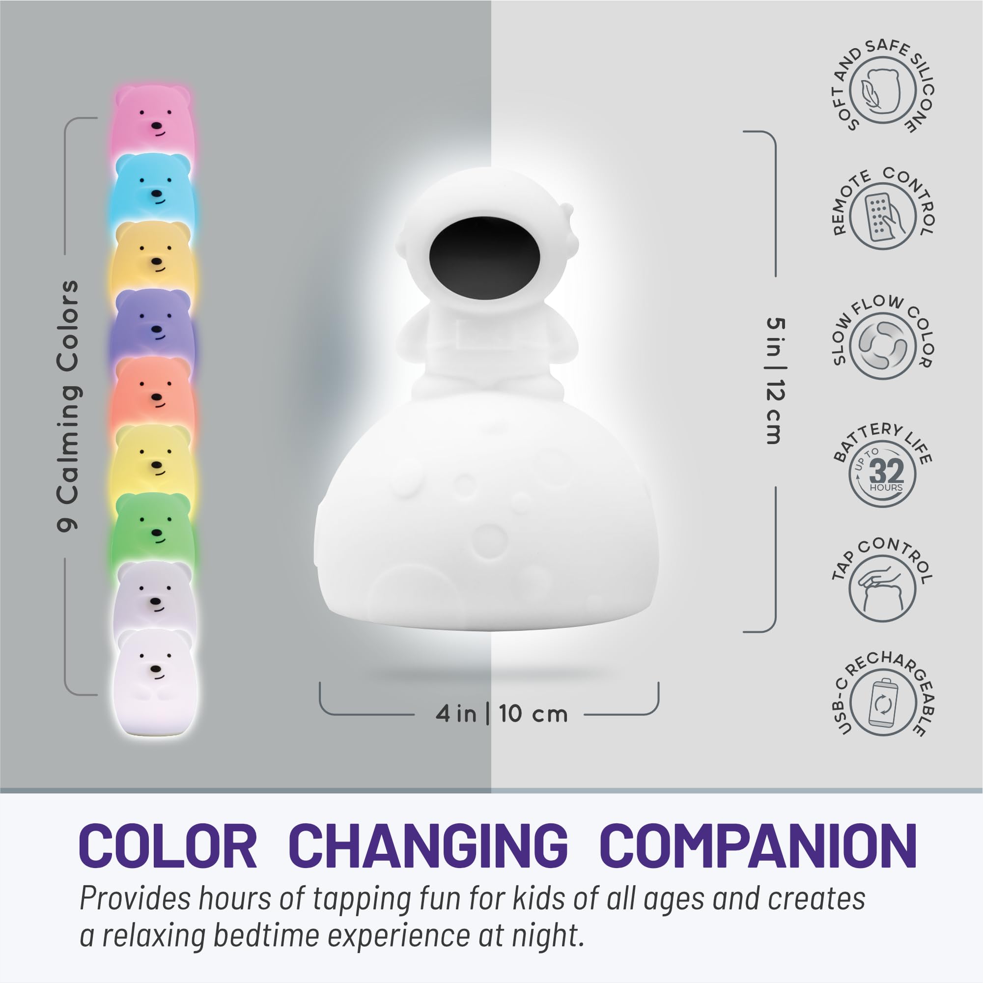 Lumipets Junior Astronaut Night Light - Soft Silicone, 8 Colors, Cordless, Portable, White