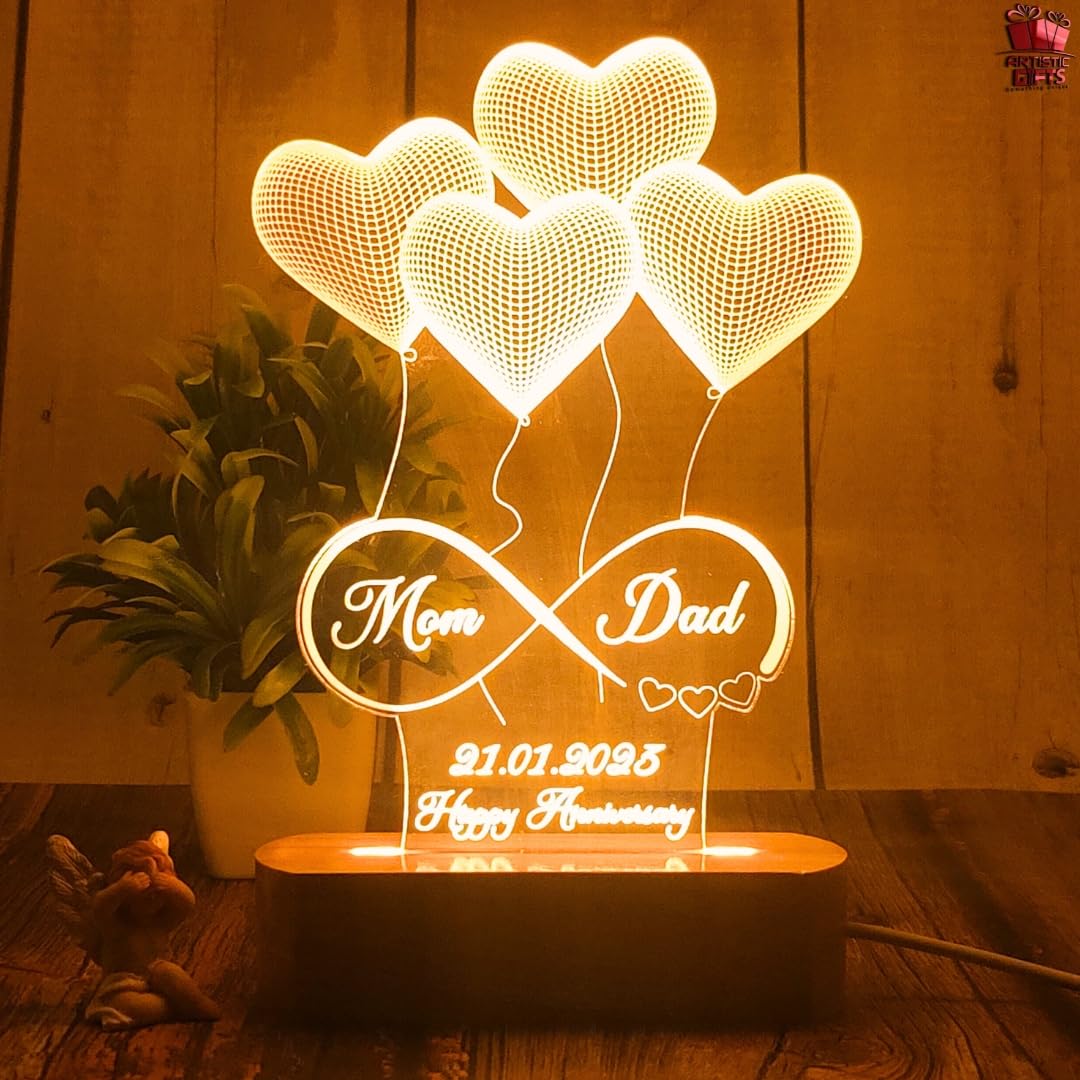 Artistic Gifts Personalized 3D Illusion LED Table Lamp | Heart Shape Customized Name Lamp for Couple Gift Anniversary, Wedding, 
