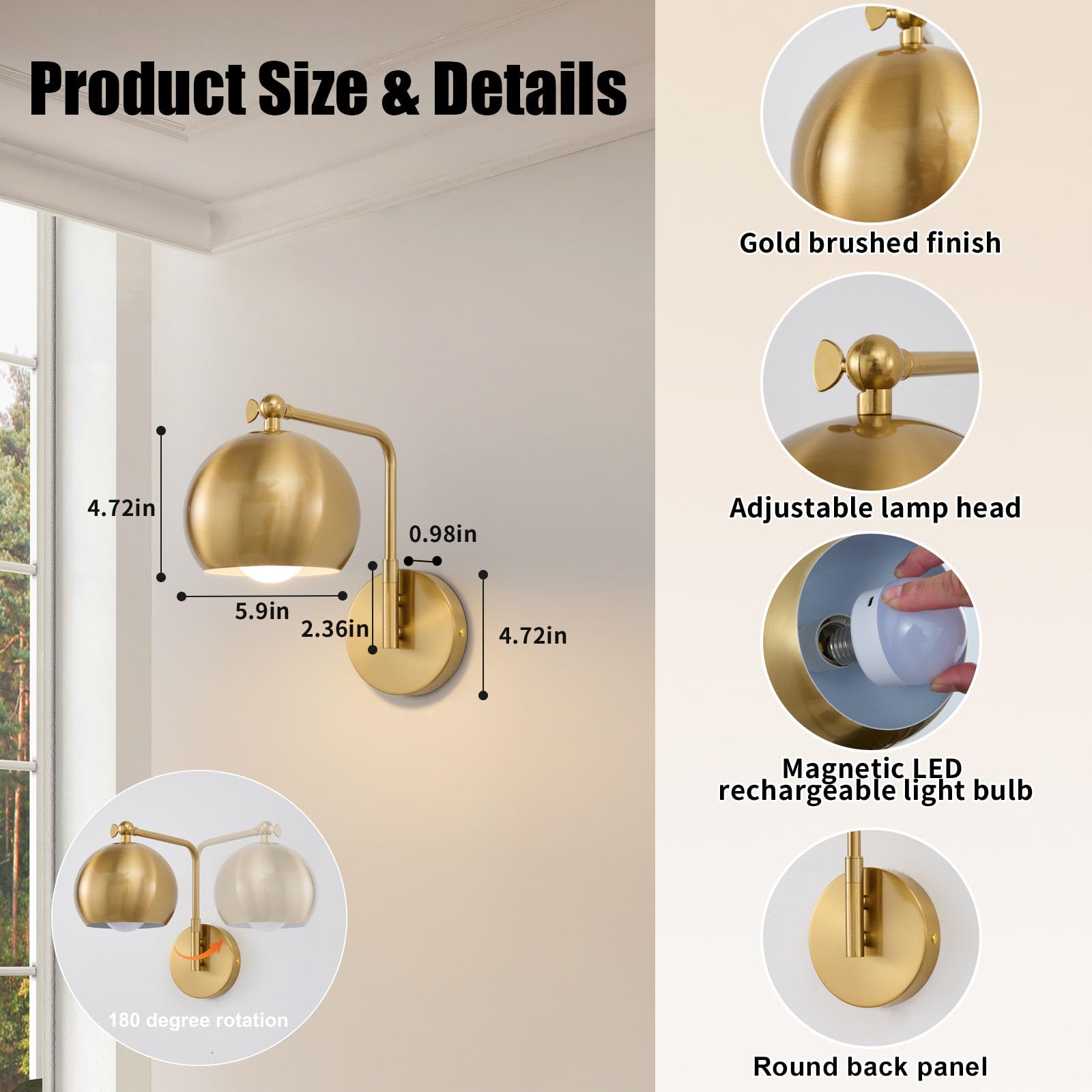 Powfloven Gold Battery Operated Wall Sconces Set of 2, Dimmable Wireless Lighting Lamp, Model PFWS05G2-1