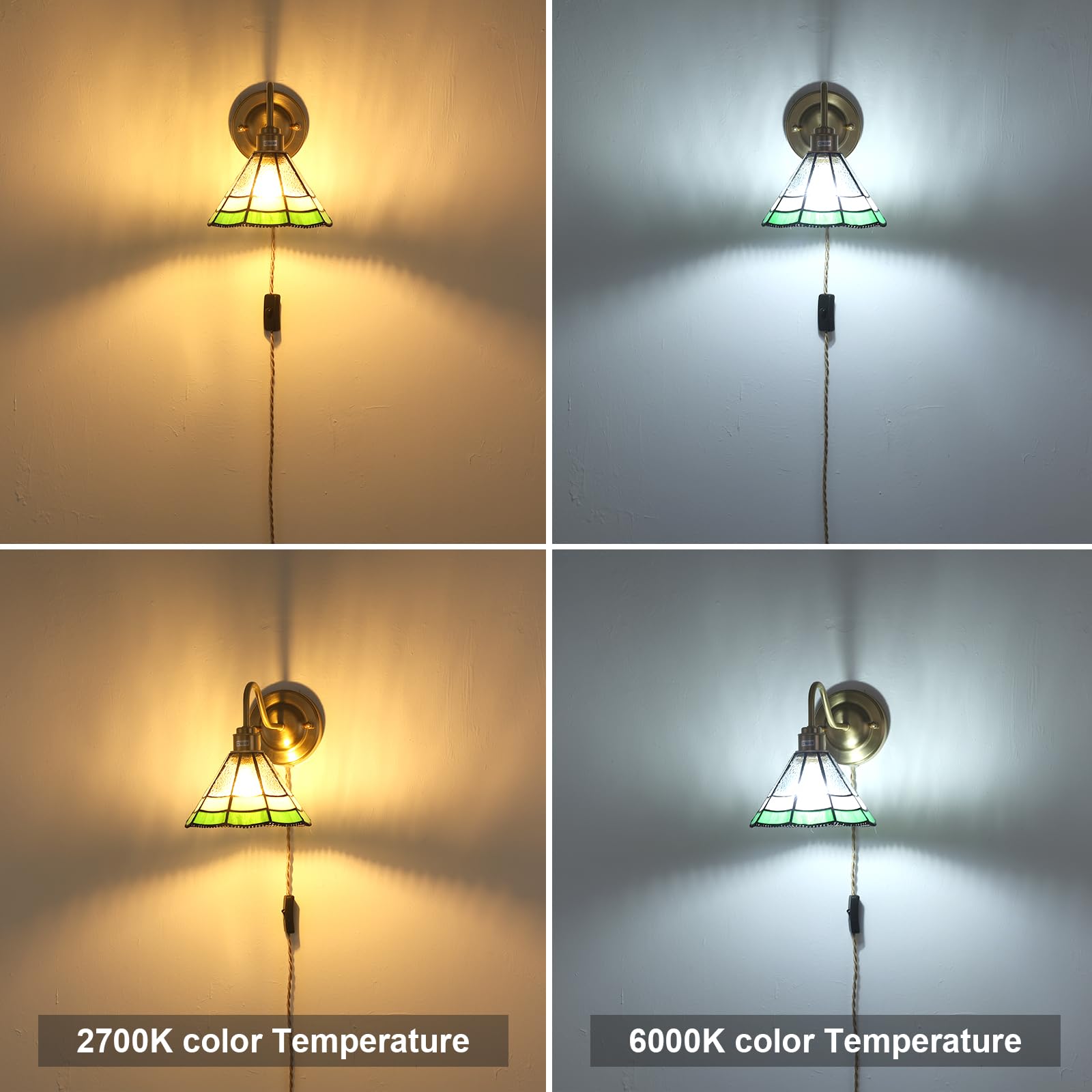Shenmoyl Vintage Plug-in Wall Sconces Set of 2, Green Multilayer Petal Stained Glass, Brass Light Fixture for Bedroom & Living Room