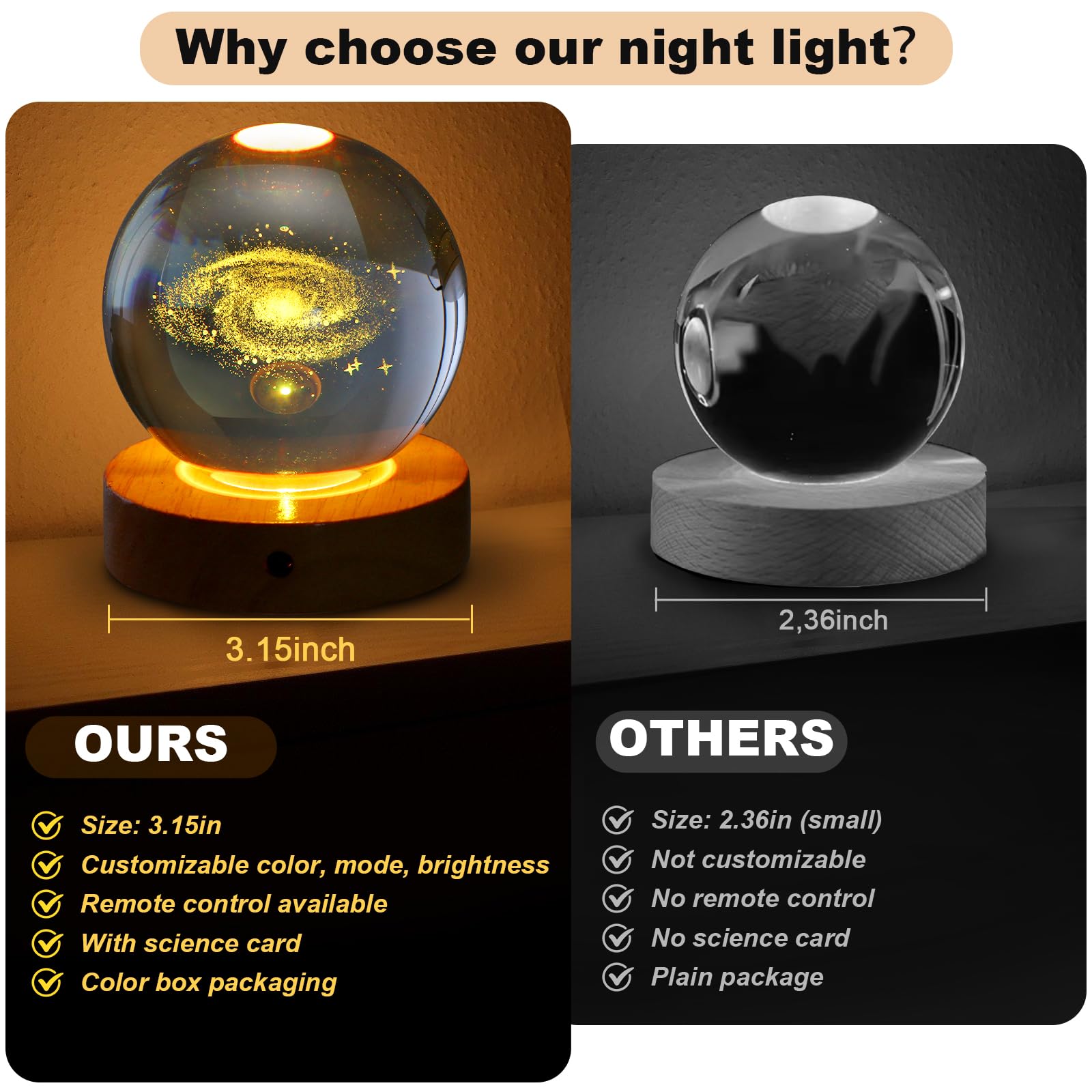 youglatt Galaxy Night Light Lamp, 3D Crystal Ball, 16 Color LED, Remote Control, Space Theme Decor, Transparent Color, Model A6