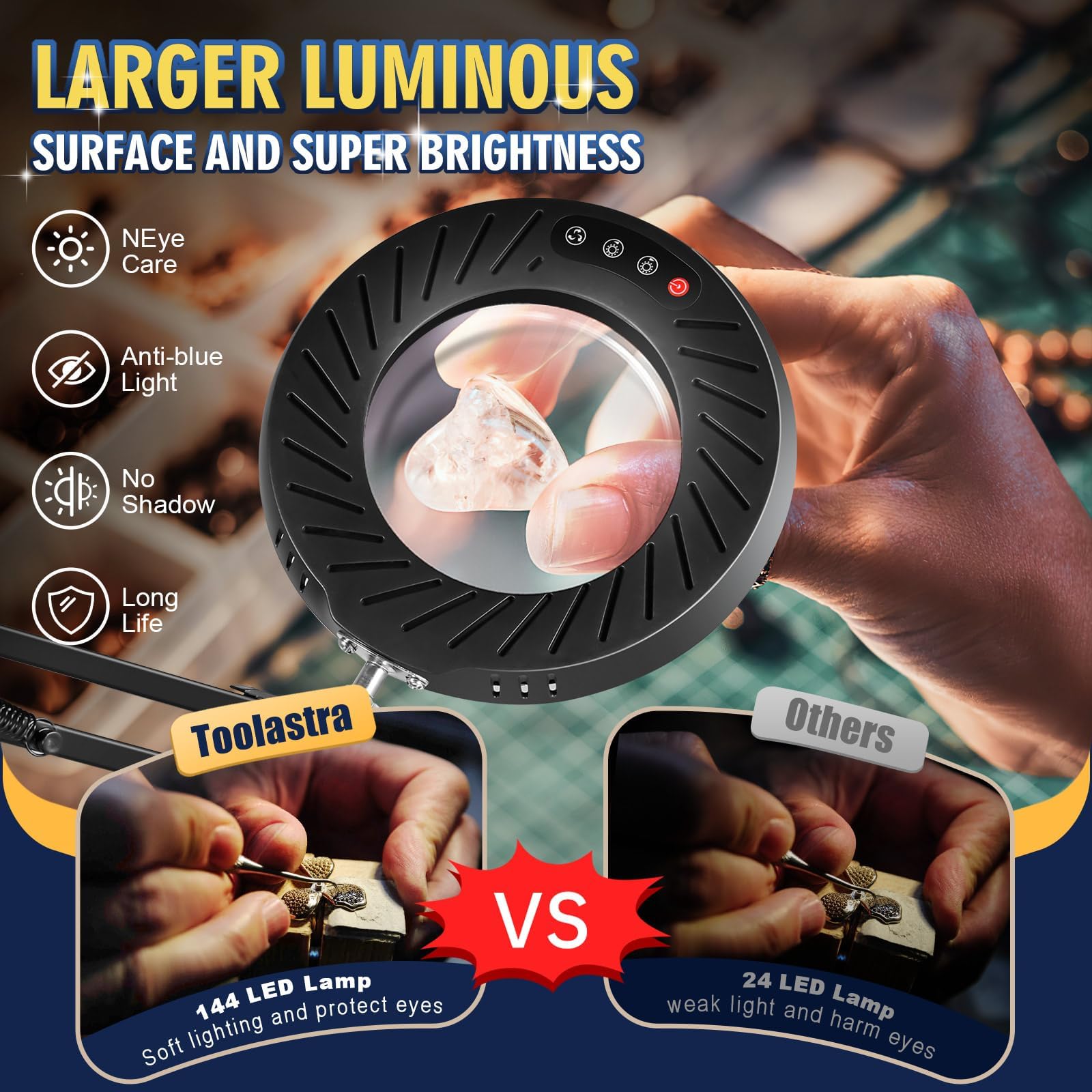 Toolastra 12X Magnifying Glass With Light And Stand, 144 Leds Brightest Magnifying Lamp, 10 Dimmable Brightness 5 Color Modes, H