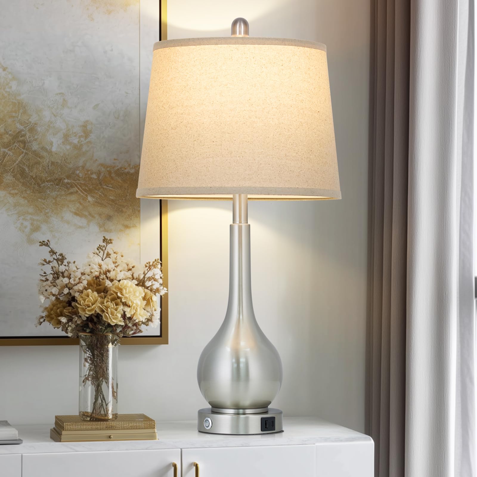 luxeflow 26 Silver Table Lamp for Bedroom  Touch Control Bedside Lamp for Nightstand with Charging Port  3-Way Dimmable End Table Lamp for Living Room (1 Pack)