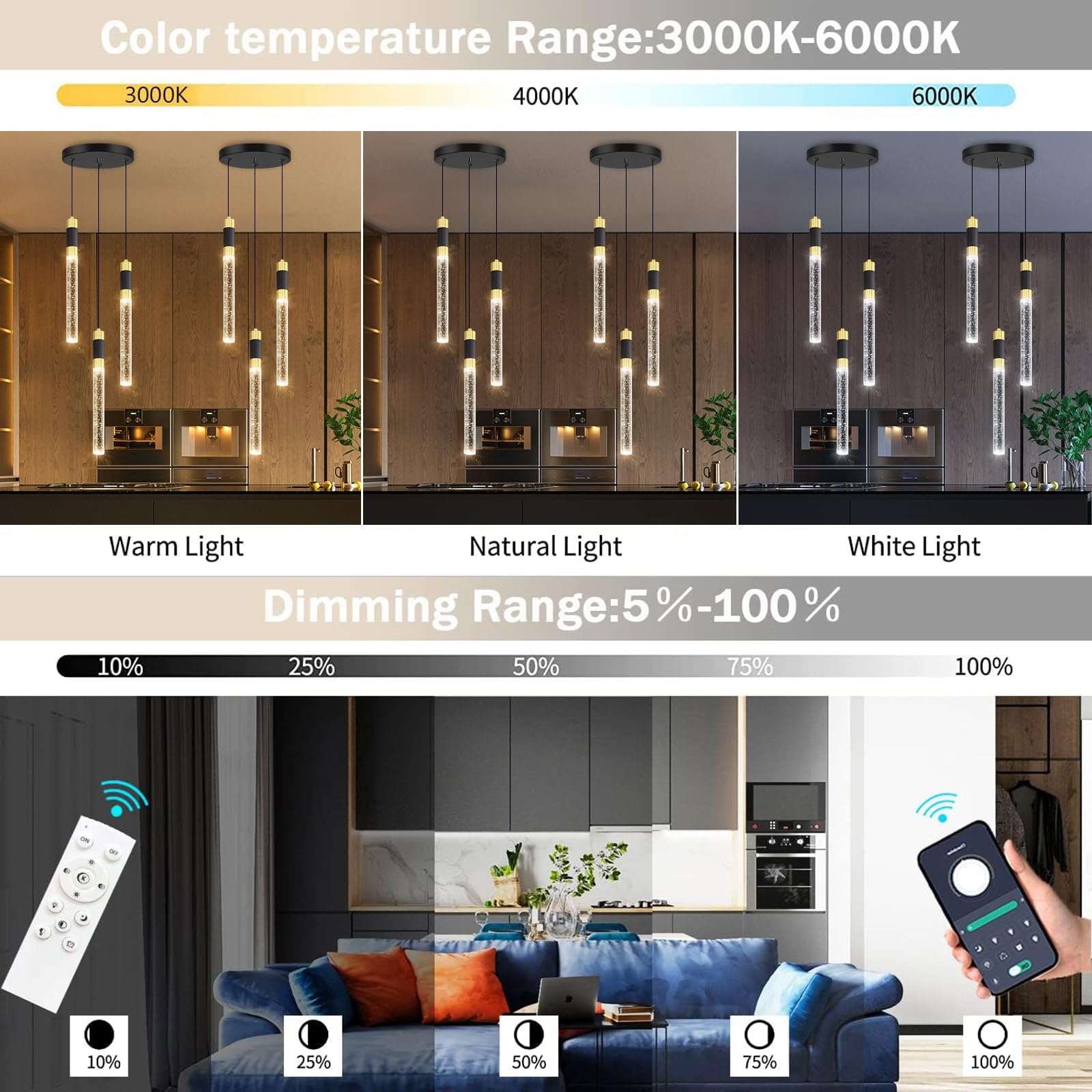Cenozo Modern 3-Light LED Pendant Light - Dimmable, Remote Control, 3000K-6000K, Black - Kitchen Island Fixture, Model RS8002-3tou-y