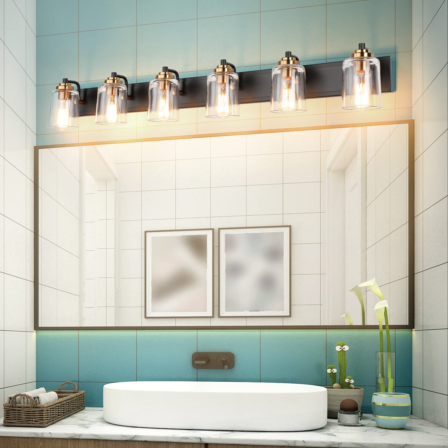 Solfart Bathroom Vanity Light Black And Brass Bathroom Light Fixtures Durable Glass Globe Vintage Stylish Lighting 6 Lights(8580