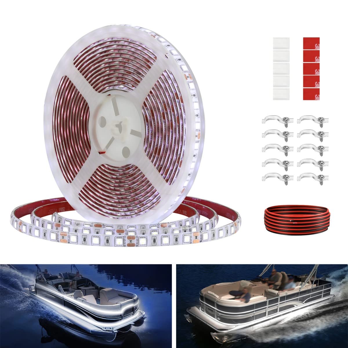 Vbakor Pontoon LED Strip Lights, Waterproof 12V 5M/16.4FT, White, Model VH284605, Ideal for Boat Deck and Night Fishing