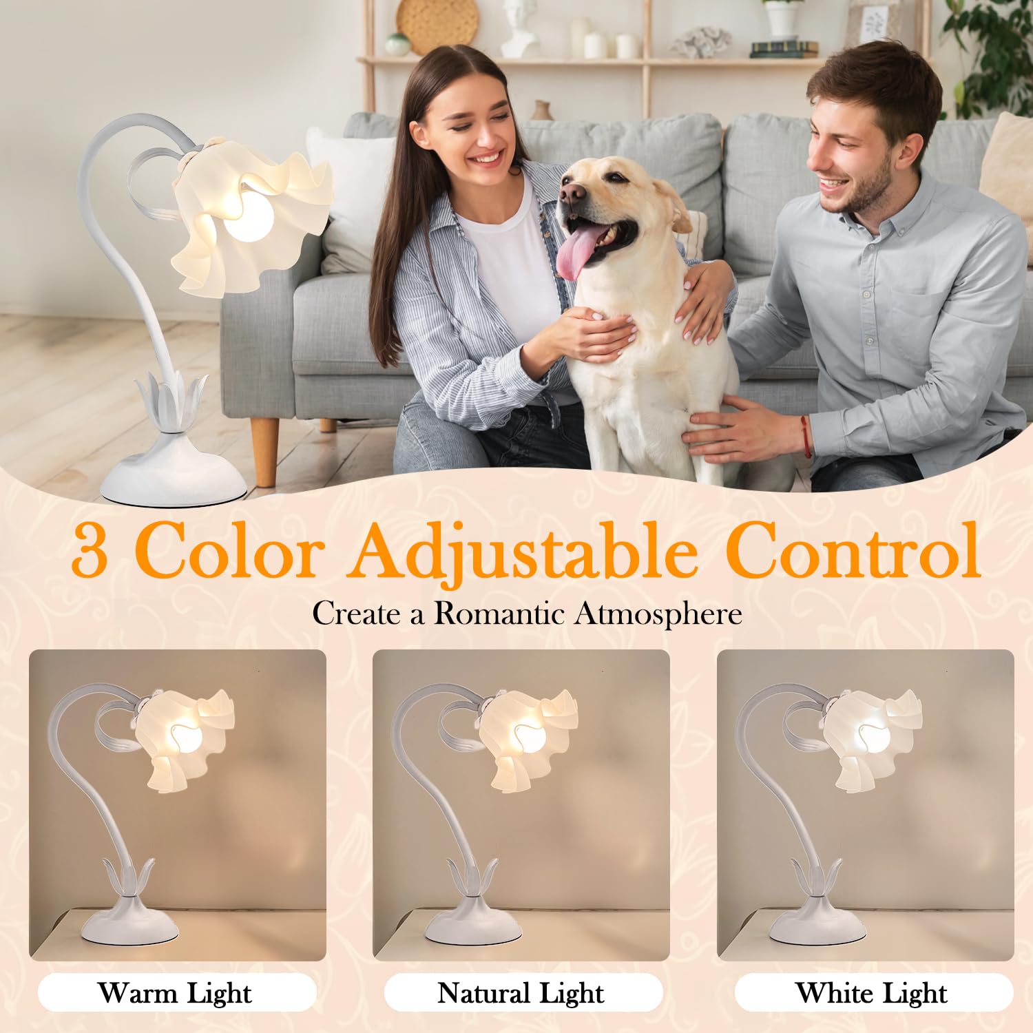 Werfop Vintage Flower Table Lamp, Led Reading Lamp Cute Flower Bedside Night Light 3 Color Modes Gooseneck Desk Lamp Kawaii Deco
