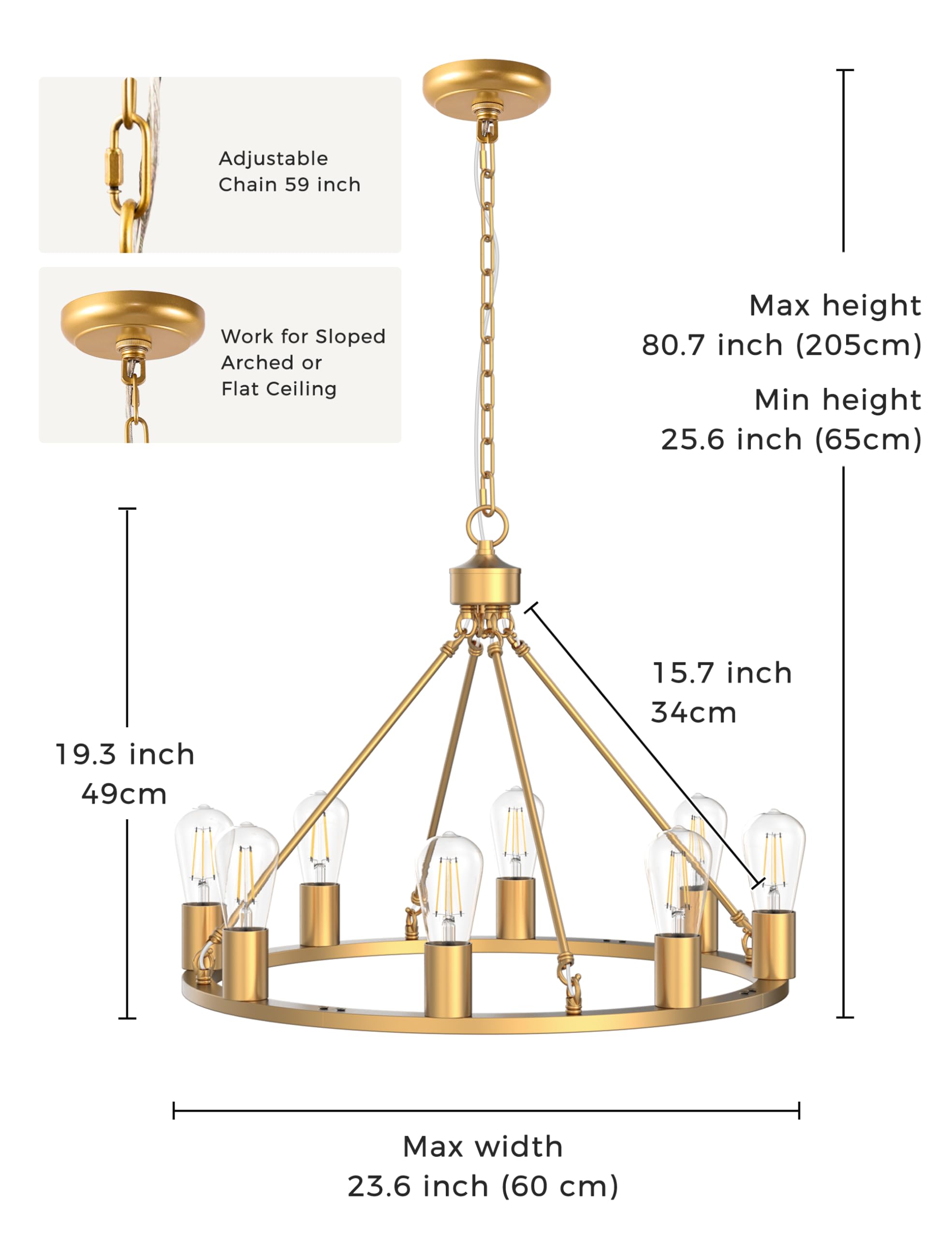 L LOHAS LED Gold Farmhouse Chandelier, 8-Light, 24" Adjustable Metal Fixture for Dining Room and Kitchen Island