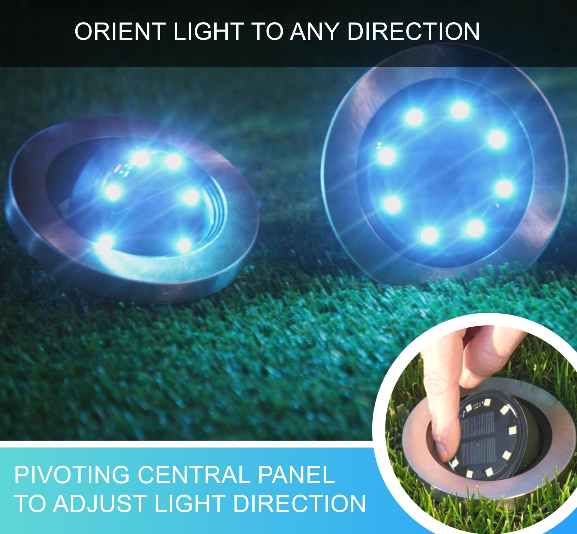 Bell+Howell Swivel Disk Lights Set of 4, Solar Powered, 8 LED Bulbs, Plastic, Silver, Model 7846FEC