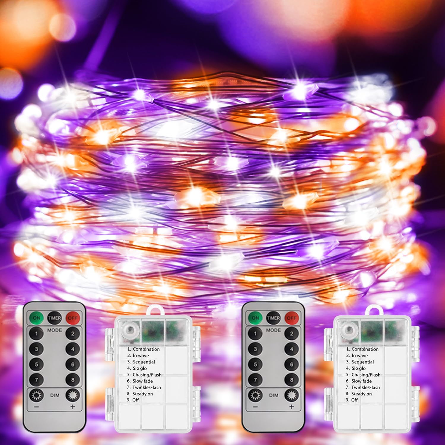 Curyidy Halloween Fairy Lights, 100LED Battery Operated, Remote Control, Purple White Orange, 2 Pack