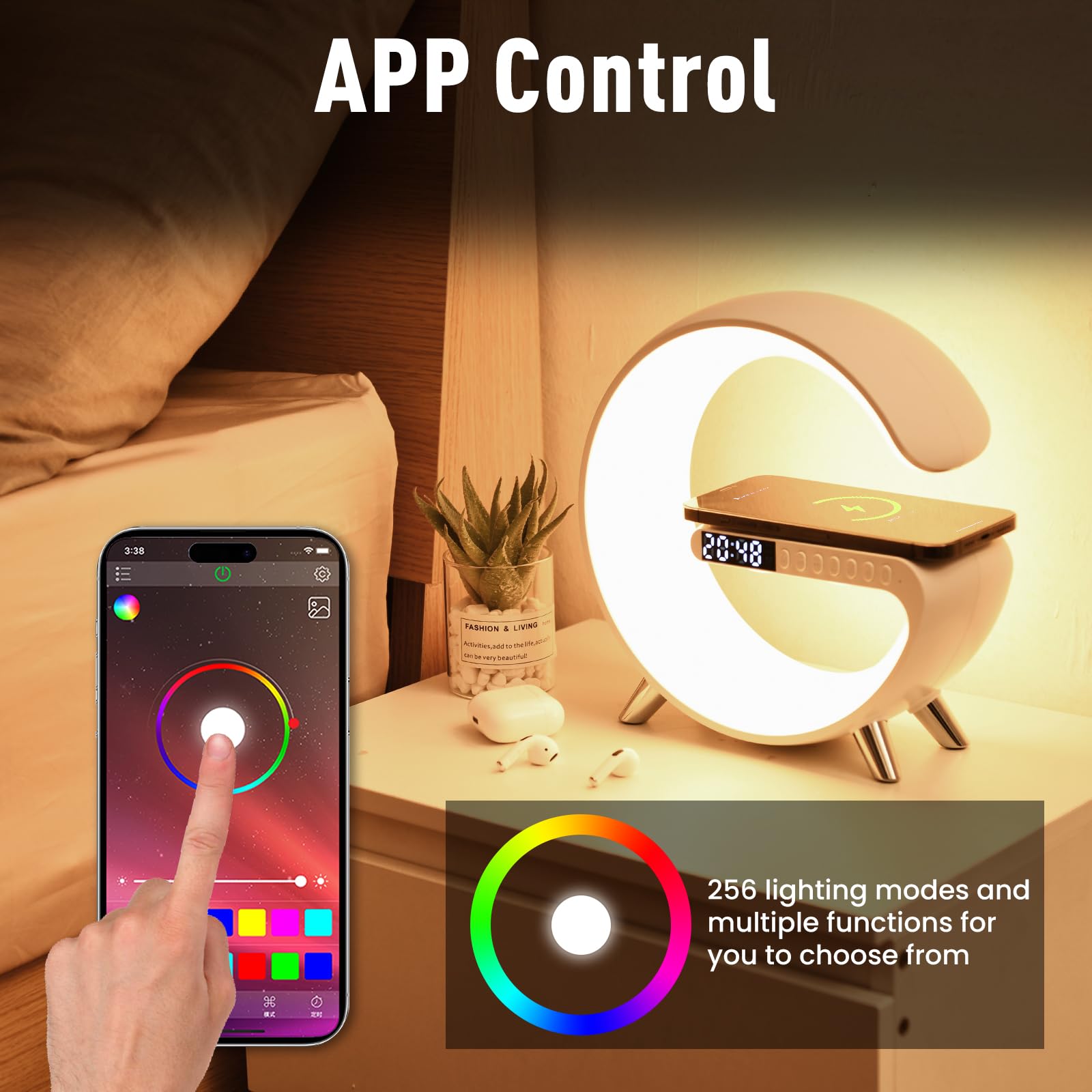 LeeNabao Smart LED Table Lamp with Wireless Charger, Bluetooth Speaker, Alarm Clock, White, Model LTT20230512WHC230324001