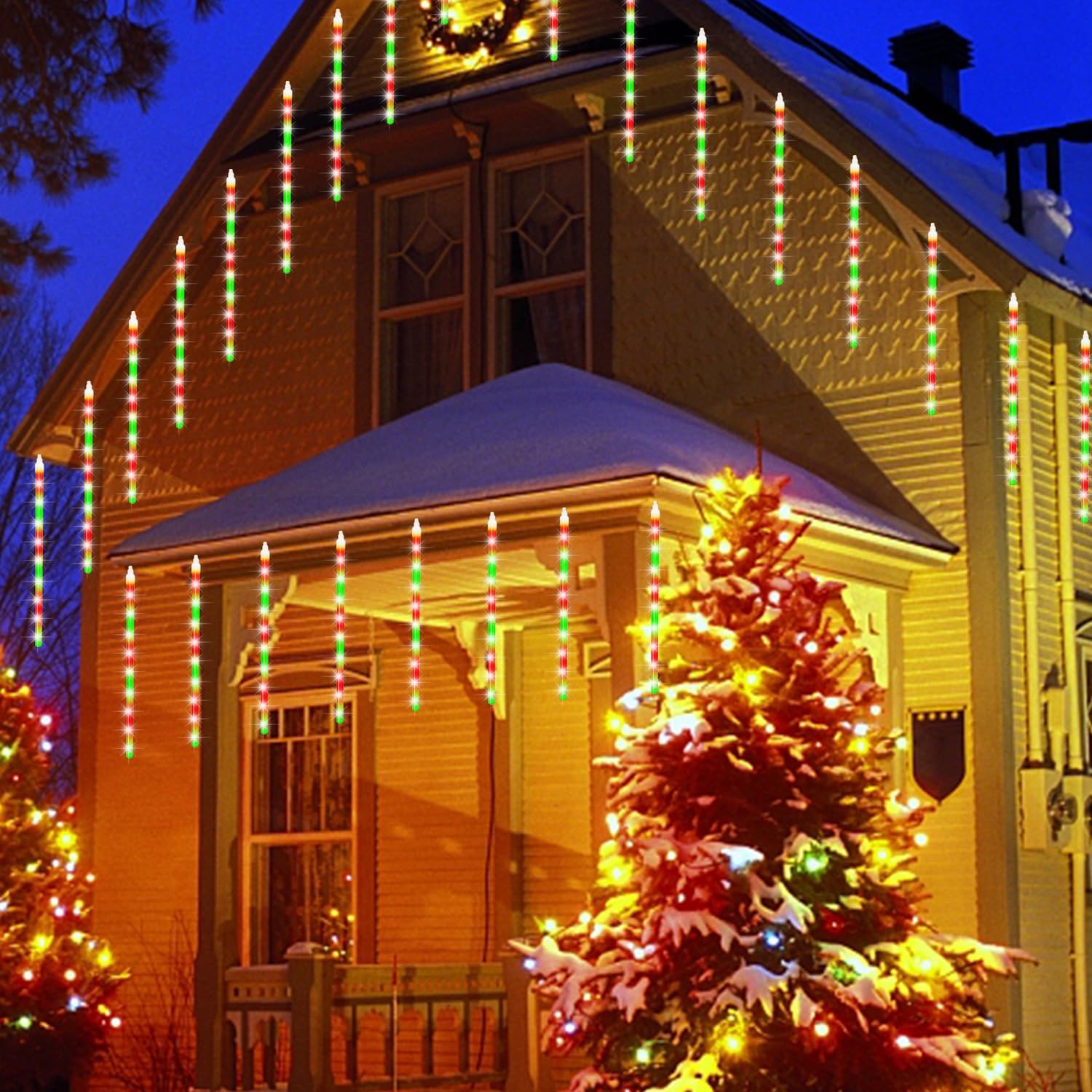LJLNION 24 Tubes Meteor Shower Lights, 864 LED, Red & Green, 12 Inch Christmas Icicle Decor, Connectable Raindrop for Holiday Parties
