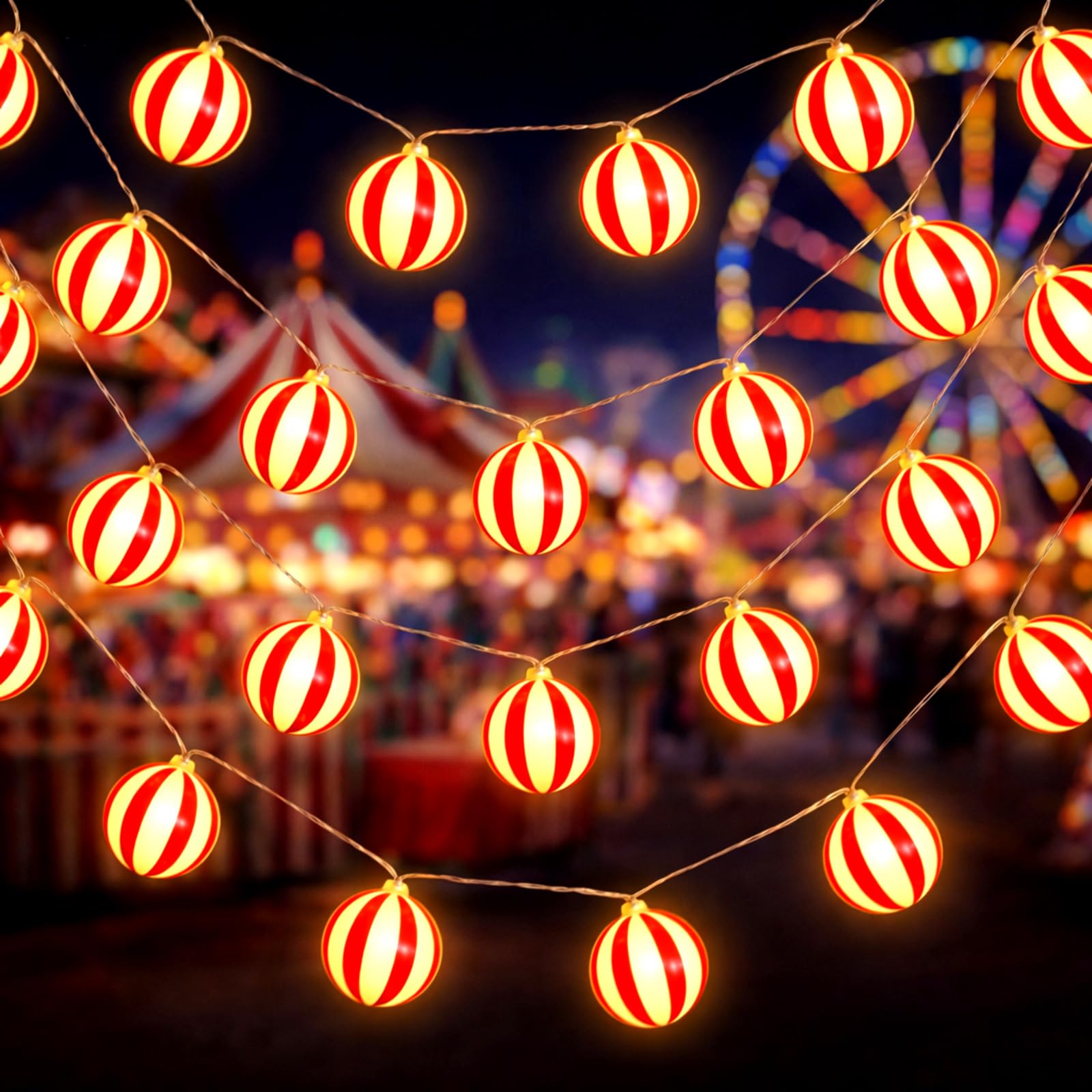 Deekin 30 ft Circus Carnival Party Decorations LED Red and White Striped Balls String Lights Battery Powered Carnival Circus The