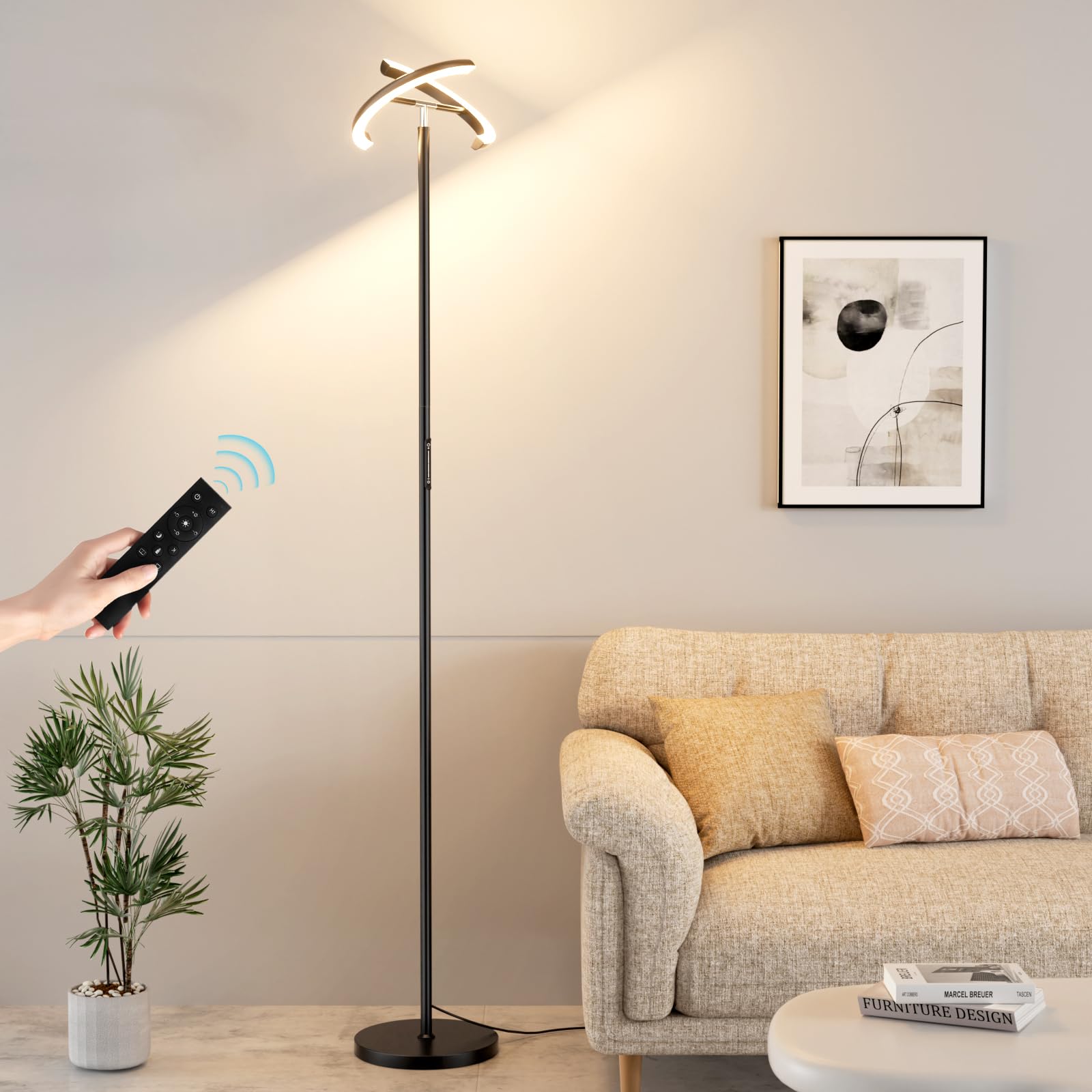 PreeOtti LED Floor Lamp - 73.6 Tall Modern Standing Lamp with 2 Rotatable Lights, Remote & Touch Control, 36W Bright Stepless Di
