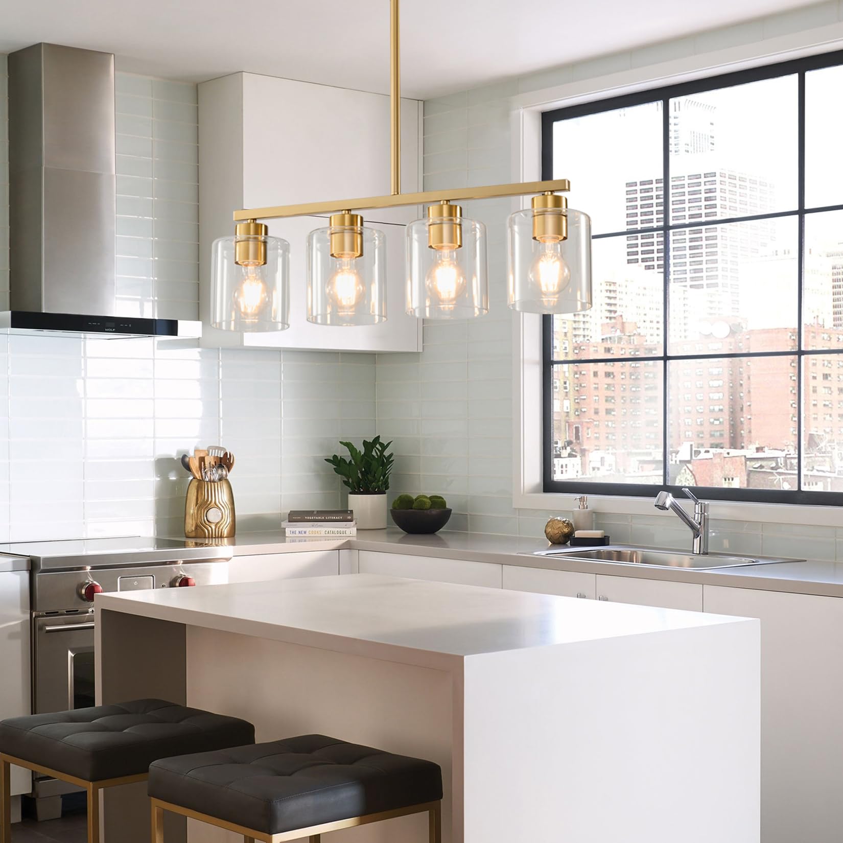 Rocunsi 4-Light Kitchen Island Lighting  Gold Pendant Light Fixture  Farmhouse Dining Room Light Fixtures Over Table  Modern Hanging Light Fixtures With Clear Glass  E26 Base  Bulbs Not Included