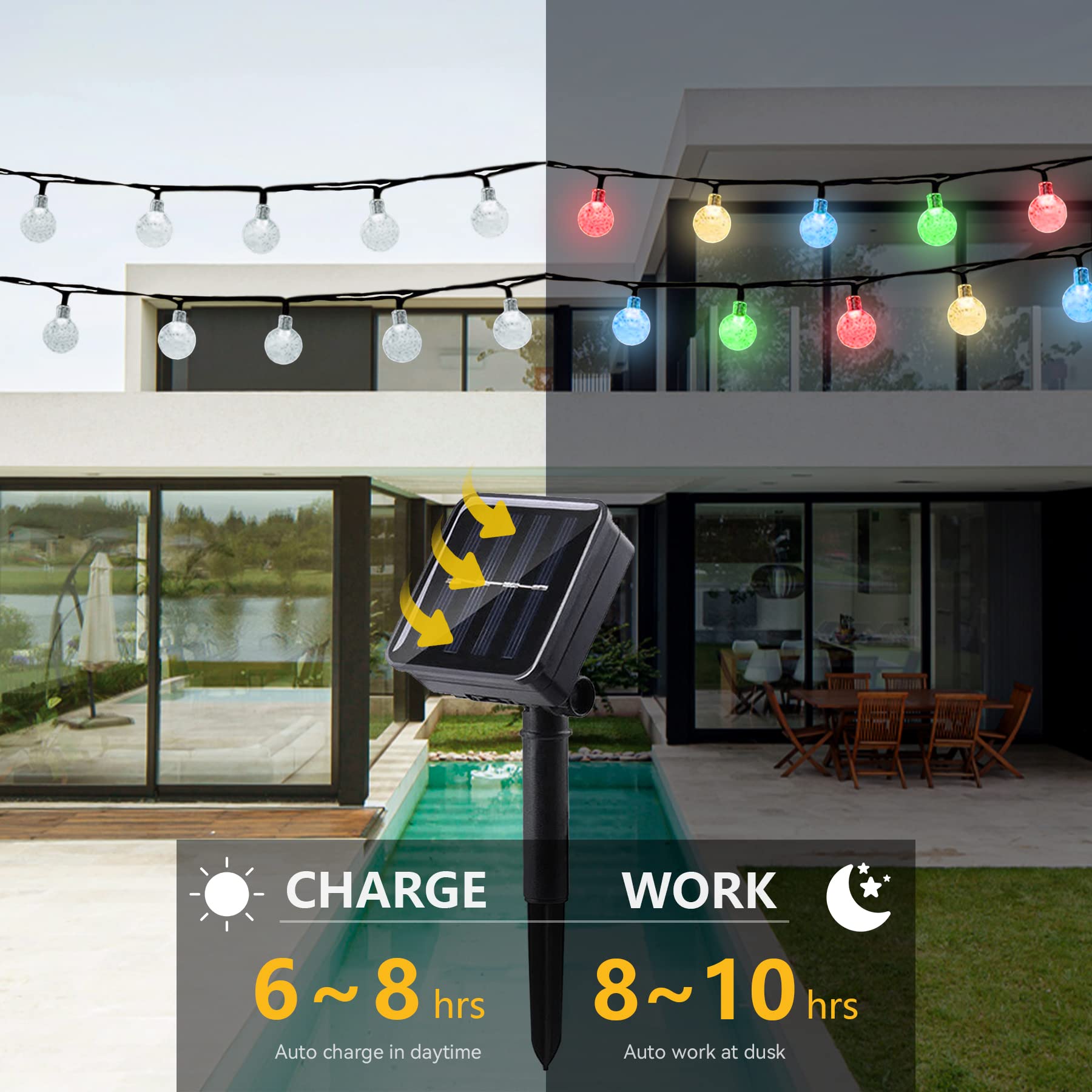 L LAMPOP Solar String Lights, 20FT, 20 LED, IP65 Waterproof, Multicolor Crystal Globe Fairy Lights for Outdoor Decor