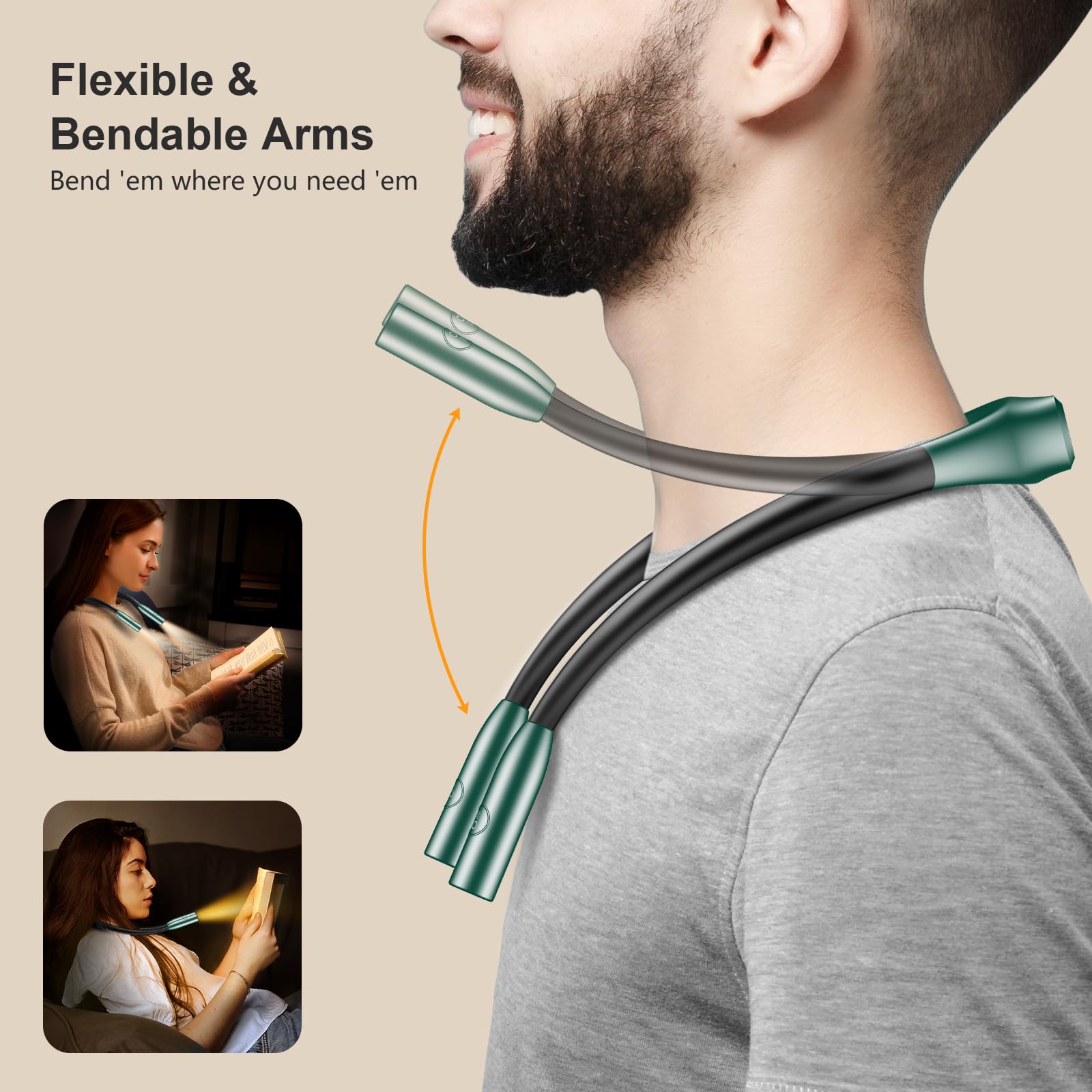 Gritin LED Neck Reading Light, Dimmable, 80+ Hrs Runtime, Silicone, Dark Green, Model G1337