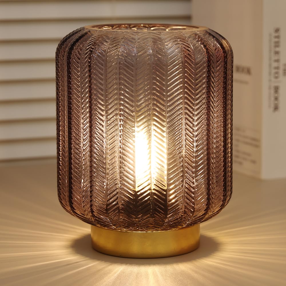 Wesjo Battery Operated Lamp, Modern Table Lamp Cordless Bedside Lamps, Glass Battery Powered Lamp With Led Bulb Decorative Battery Operated Lamps For Living Room Bedroom Desk Home (Grey)