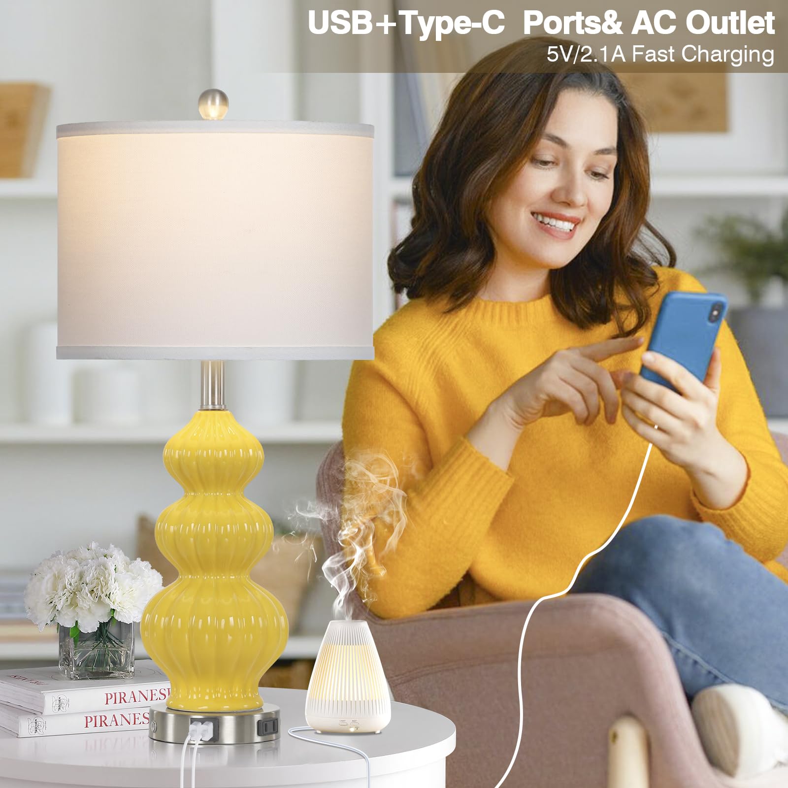 Rinweey Ceramic Table Lamps Set of 2, Modern Yellow Touch Control Bedside Lamps with USB Ports & AC Outlet for Bedroom Living Room