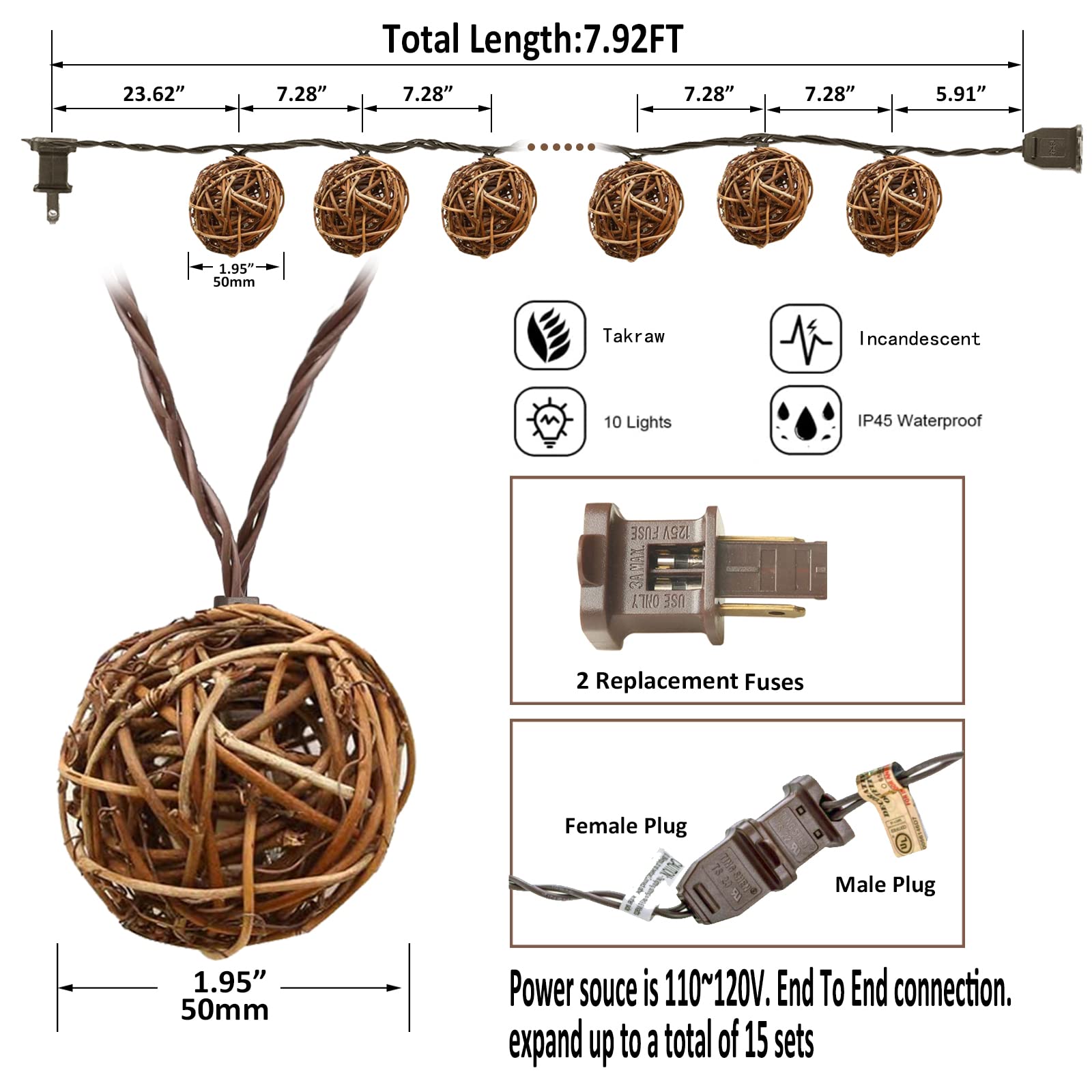 Rattan Christmas String Lights, 10 Counts Mini Natural Globe Rattan Ball, Wicker Lights For Patio, Wedding, Garden, Party, Home Decor, Indoor Outdoor Use, 7.92Ft (Rattan + Brown Cord)