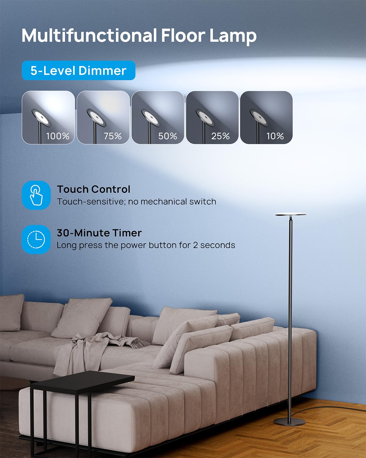 TROND Floor Lamp - 71" Modern LED Torchiere, 5500K Daylight, Aluminum, Touch Dimmable, Black, Model Halo X