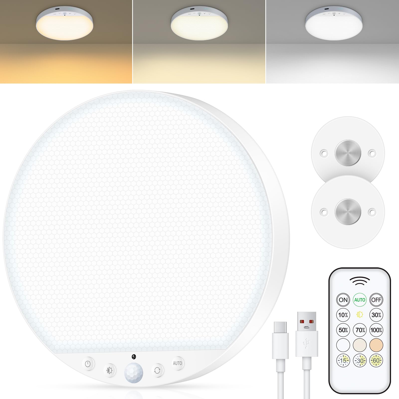 ShunFSC Rechargeable Motion Sensor Ceiling Light, 8W, Wireless Stick-On, Remote Control, Plastic, 1-Pack