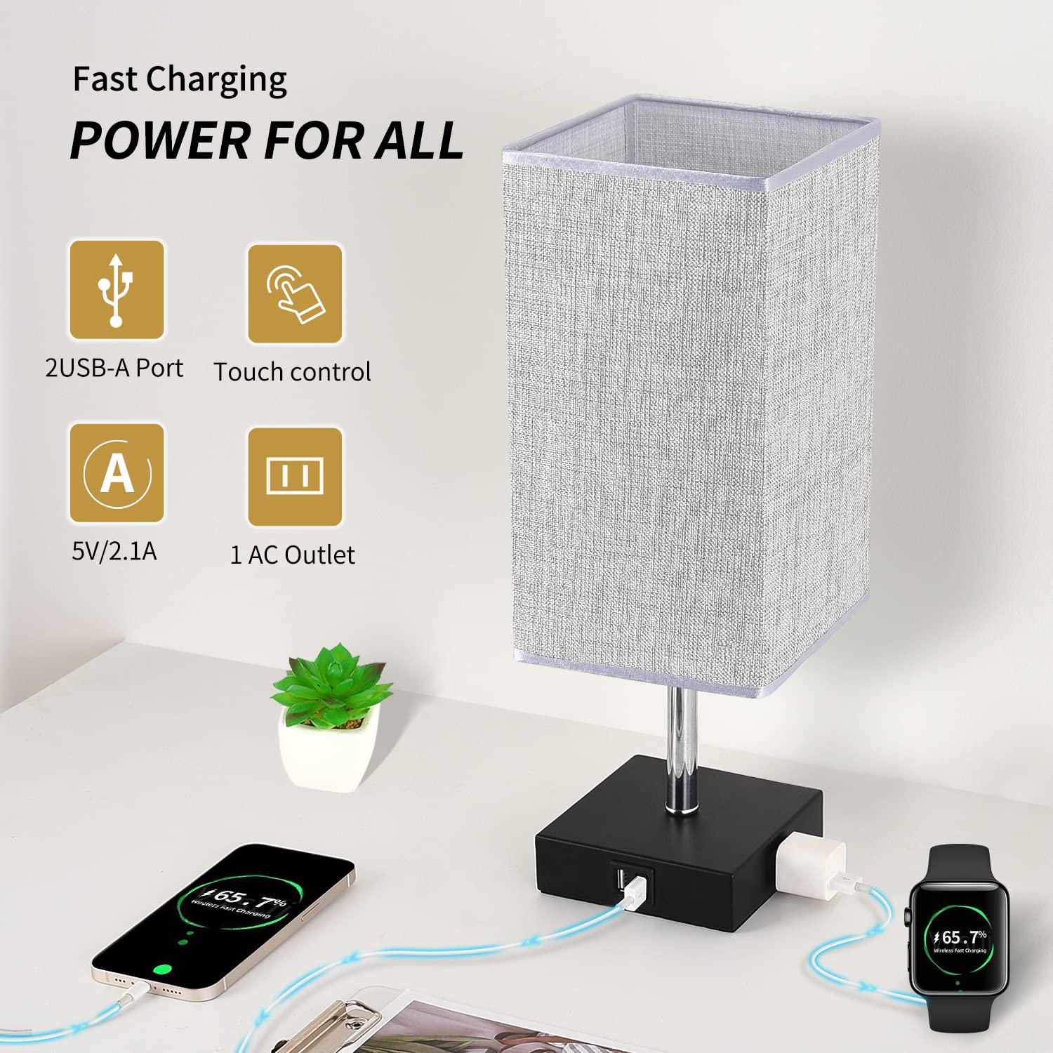 Woderdeng Touch Control Bedside Lamp - 3-Way Dimmable Table Lamps With 2 Usb Port And Outlet, Nightstand Lamp For Bedroom Decor