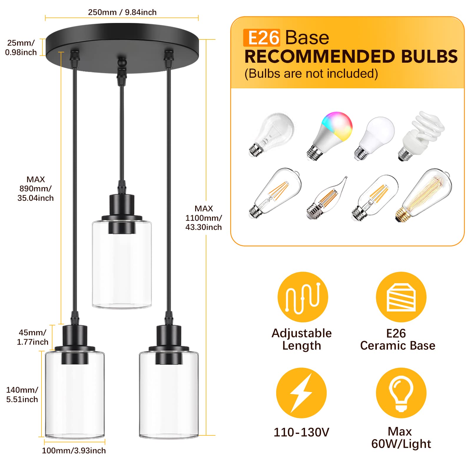 MAXvolador 3-Light Pendant Light Fixture, Adjustable Hanging Lamp, Clear Glass Shade, E26 Base, Black, Model OMTZT-013