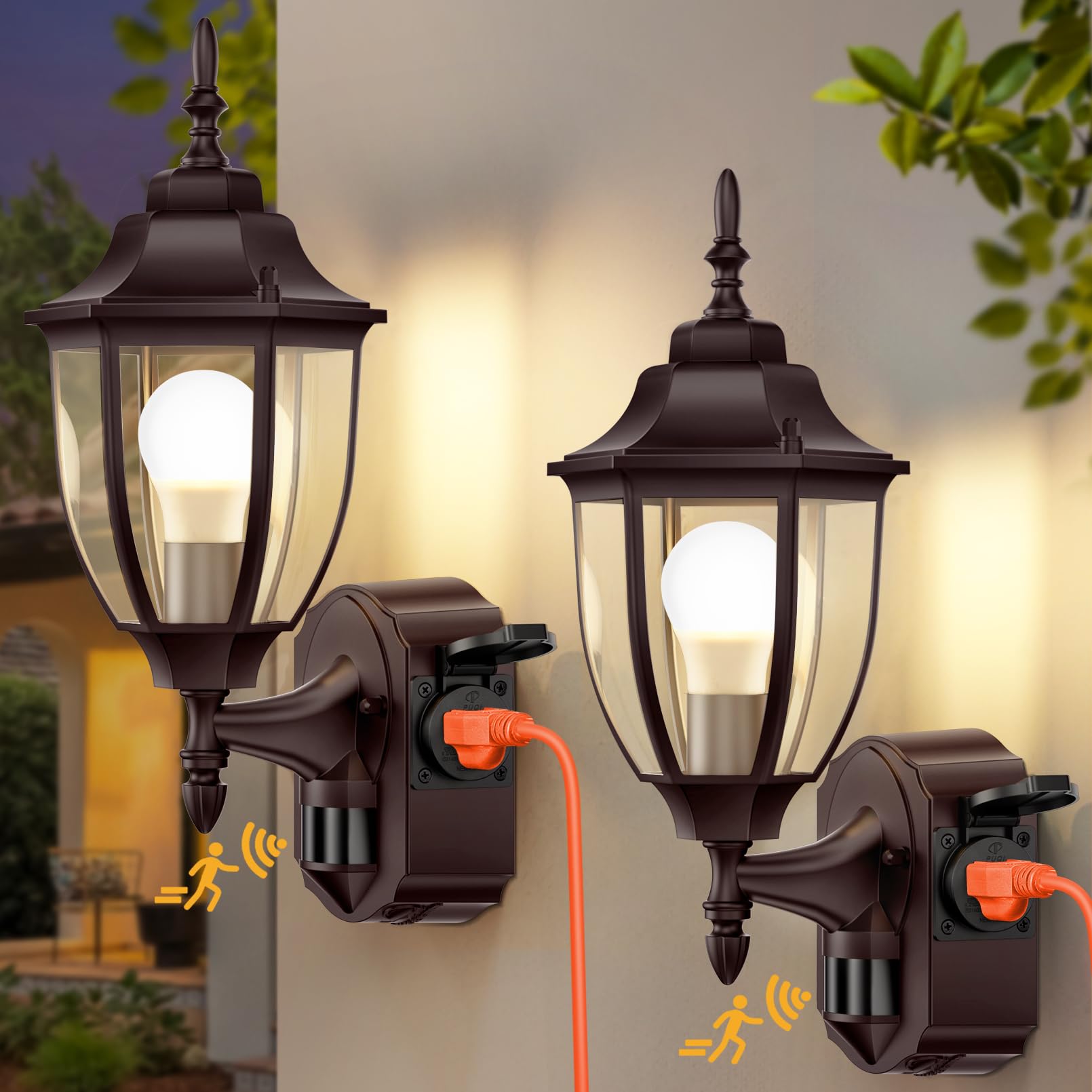 OYKYOHEI Porch Lights with Outlet, Motion Sensor, Waterproof Aluminum, 2 Pack, Bronze