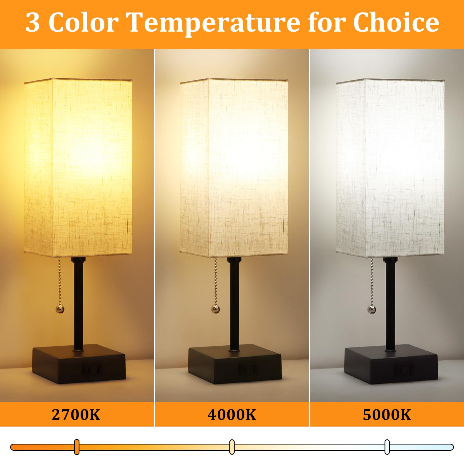 Table Lamp For Bedroom Set Of 2,3-Color Bedside Lamps With Pull Chain Table Lamps For Nightstand With Ac Outlets,Night Light Lam