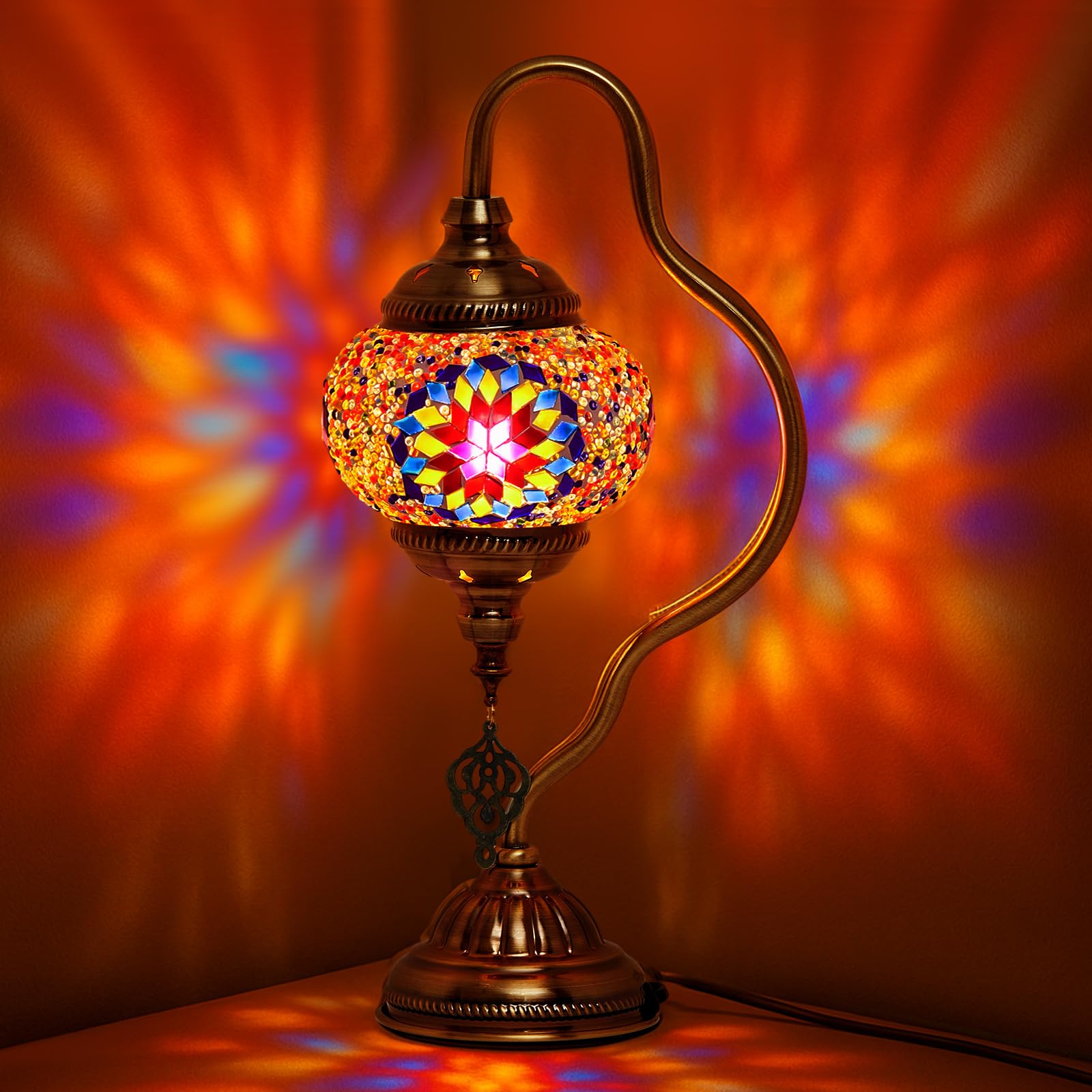 Baquler Turkish Moroccan Table Lamp Handmade Glass Swan Neck Bedside Lamp Bohemian Moroccan Decorative Night Light for Bedroom, 