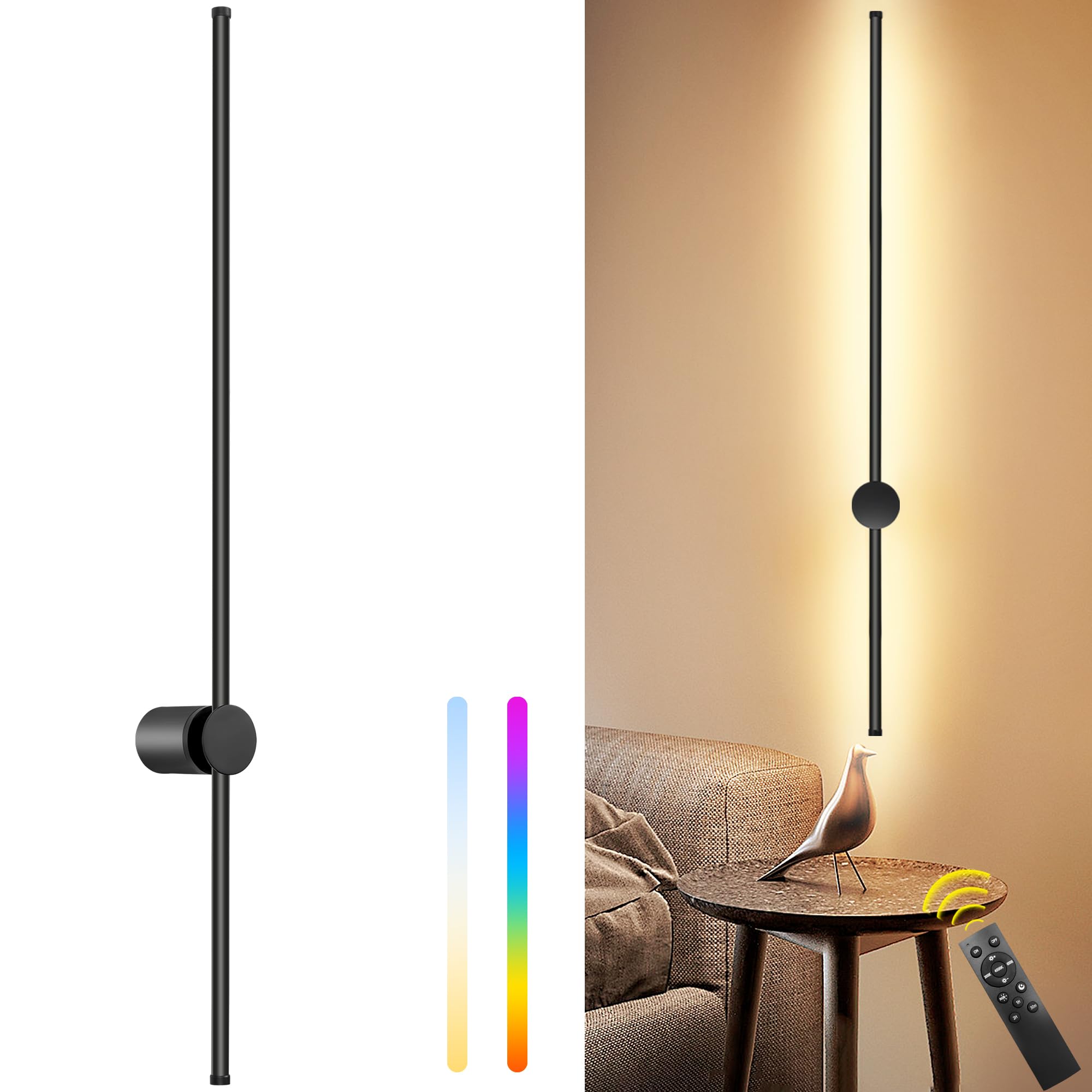 GOODATE 39.4 Inch Battery Operated Wall Sconce, Dimmable LED Light, Remote Control, Black, Aluminum Alloy, Model DC-CGZ