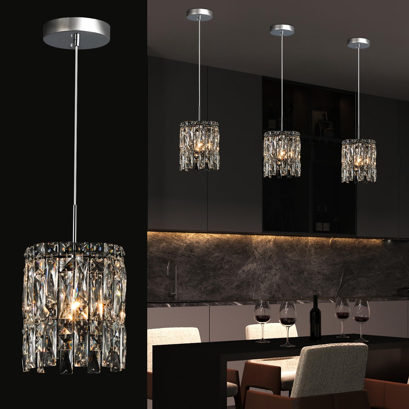 Nisidun Modern K9 Crystal Pendant Lights Kitchen Island  Chrome Chandeliers For Dining Room Light Fixtures Over Table Hanging Lighting For Kitchen Island Entryway Bathroom Bedhead Chandelier