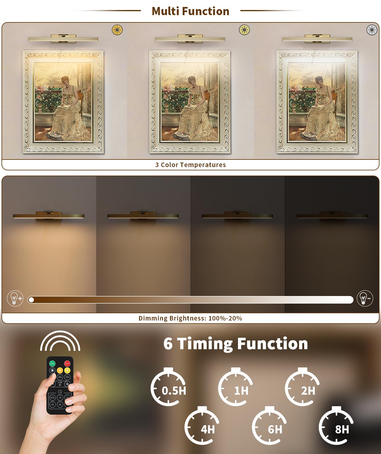 Joosenhouse Battery Operated Picture Light, Wireless Remote Control, Dimmable, 23.6 Inch Brass Wall Sconce, Model 7525