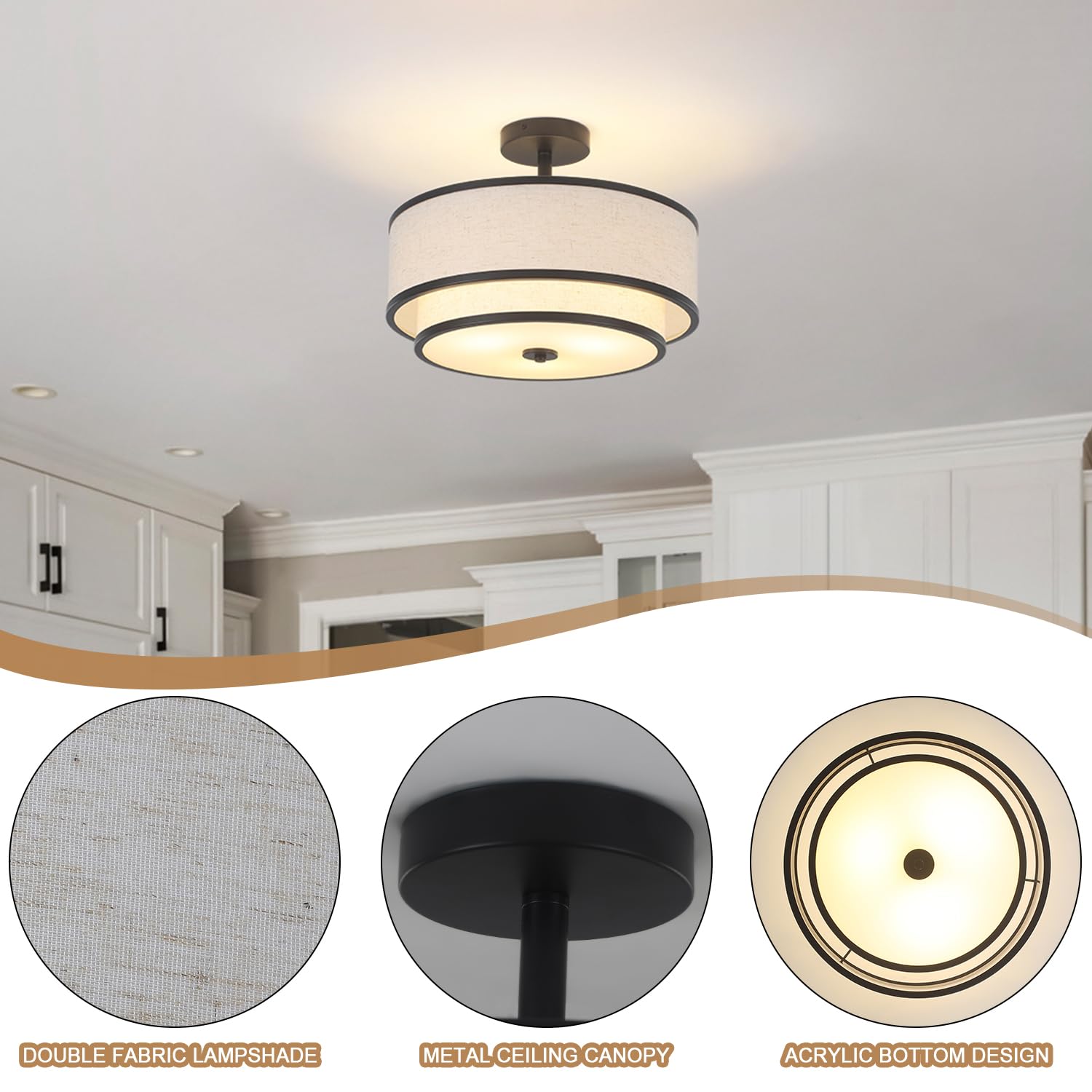 BUXVRCS Semi Flush Mount Ceiling Light Fixture, 3-Light Drum Design, Black Fabric Shade, Model: ceiling lights-001