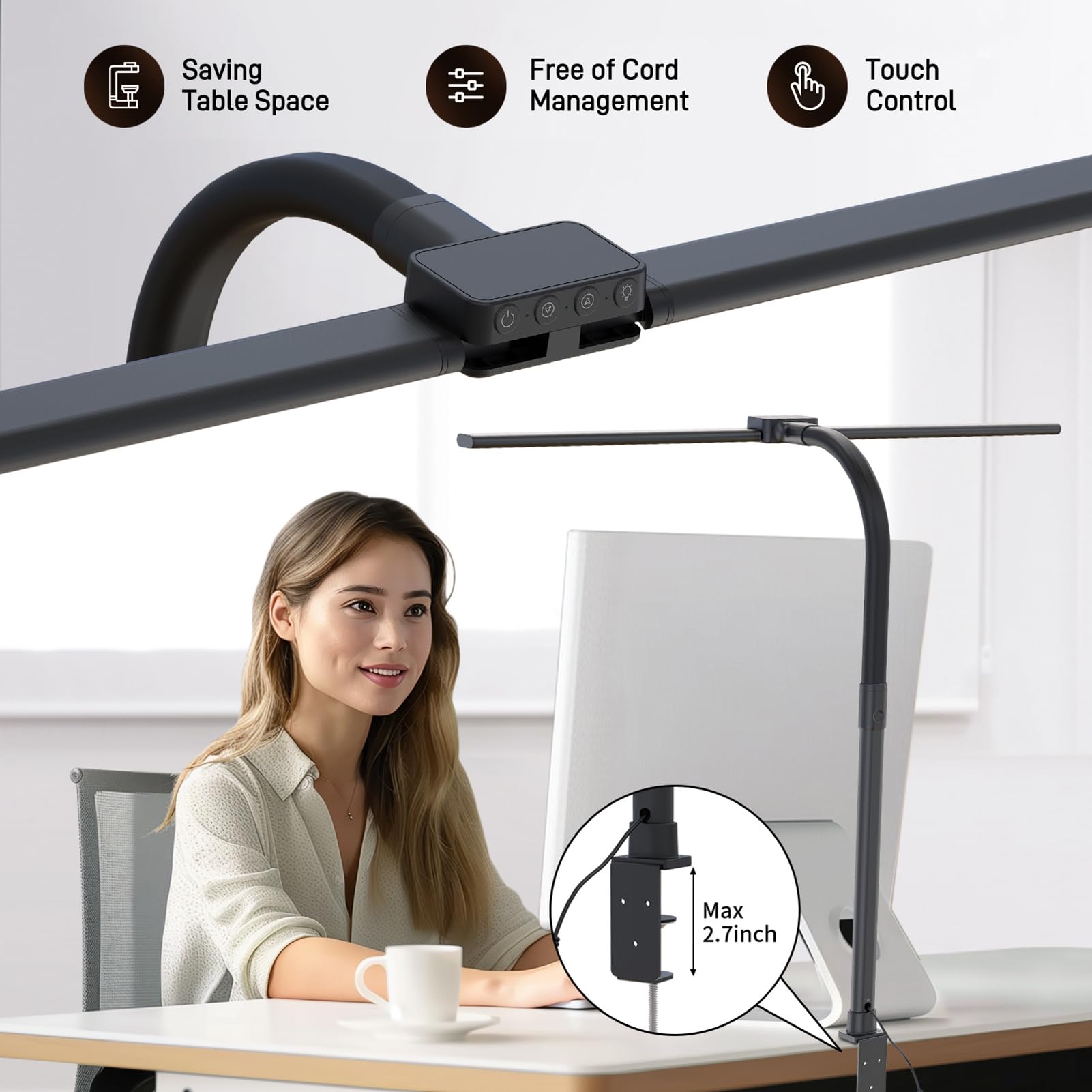 Led Desk Lamp For Home Office, Eye-Caring Desk Light With Clamp, 15W Double Head Architect Task Lamp Stepless Dimming, Flexible