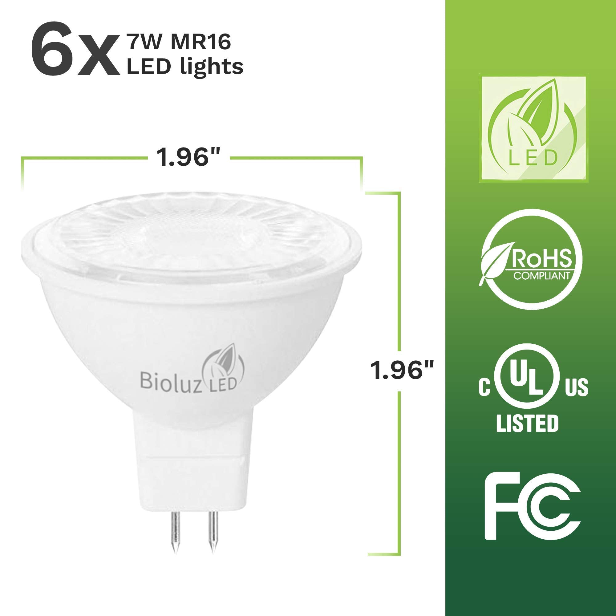 Bioluz LED MR16 7W 3000K Halogen Replacement Bulb, Non-Dimmable, 6 Count, UL Listed