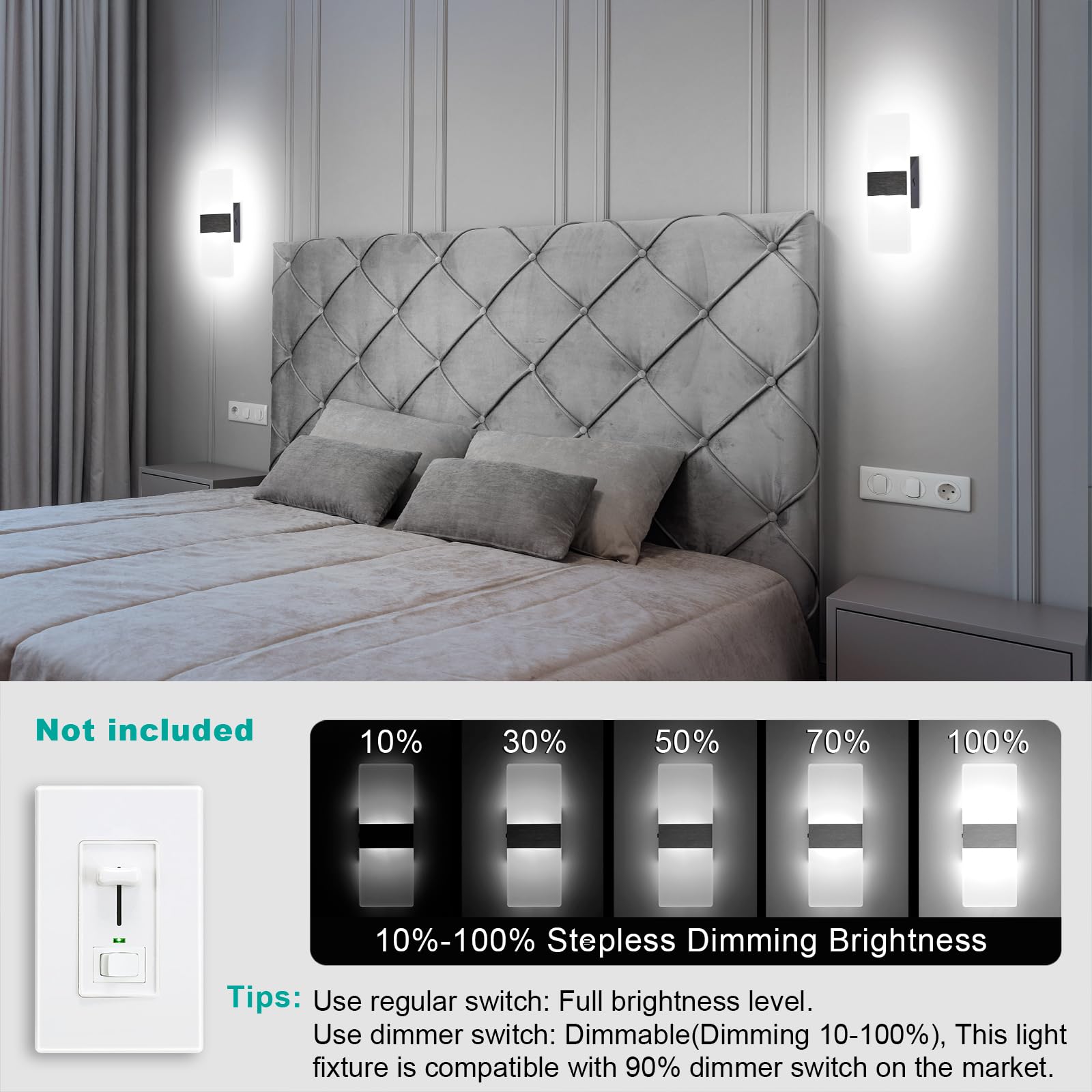 TRLIFE Dimmable LED Wall Sconces, 12W Modern Wall Lights Set of 2, Black Brushed Aluminum, 4 Color Temperature, Model YKL-MCT-Bla