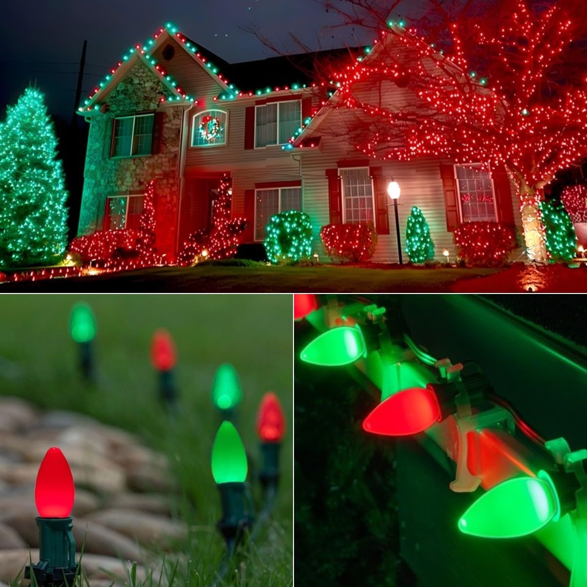 Couah C7 Christmas String Lights, 25FT Vintage Ceramic, 27 Red & Green Bulbs, Outdoor Holiday Decoration, Green Wire